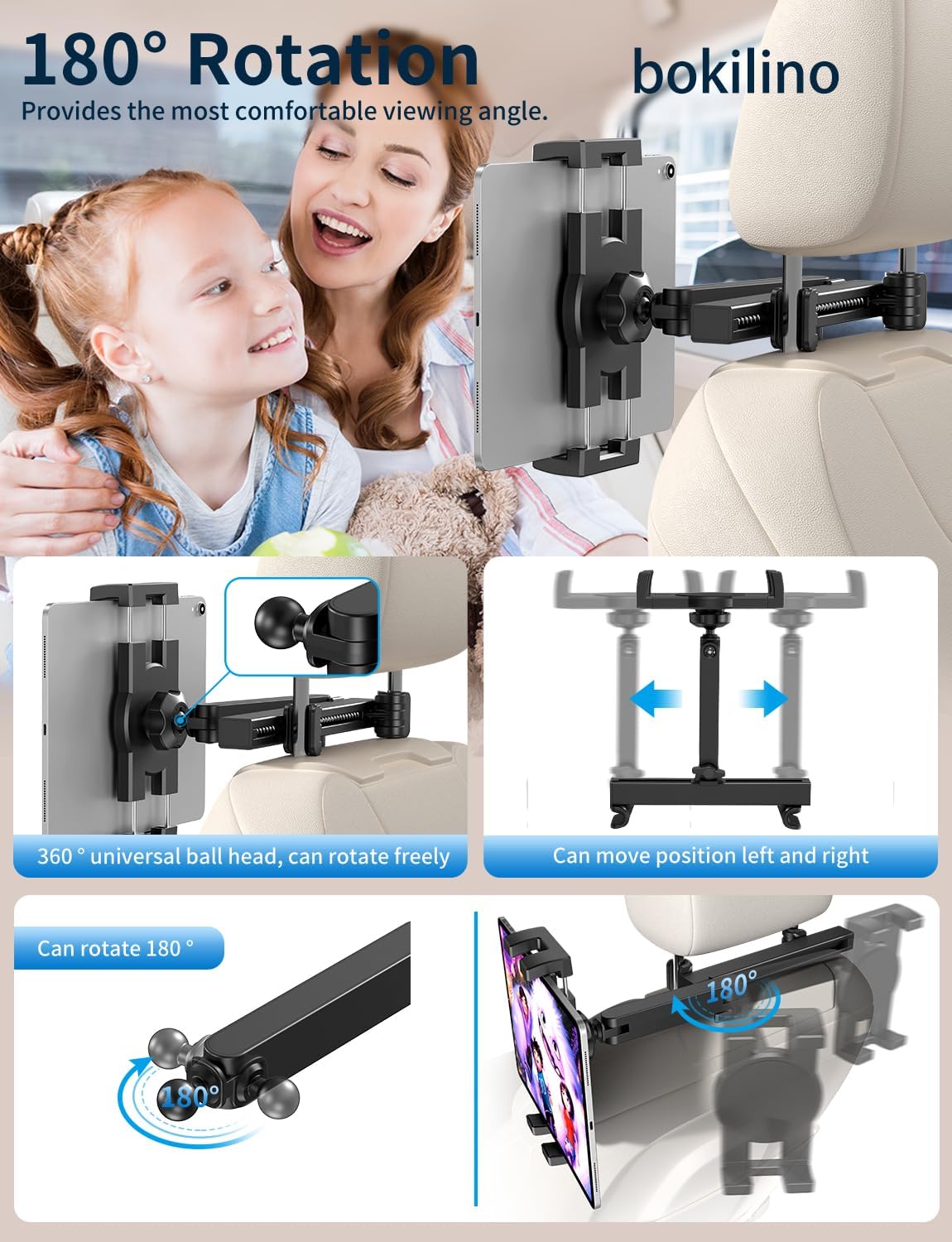 bokilino Tablet Holder for Car Headrest, [3 in 1 Adjustable Extension Arm] iPad Car Mount for Back Seat, Road Trip Essentials for Kids, for 4.7-12.9" Like iPad Pro, Air, Mini, Galaxy, Fire HD Tablet