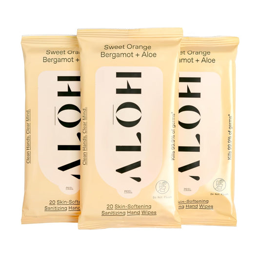 ALŌH Sweet Orange Bergamot + Aloe Sanitizing Hand Wipes - Clean Hands, Clear Mind - On The Go Hand Sanitizing Wipes for Kids and Adults - Travel Size 3 Pack 20ct Wipes (60 wipes)
