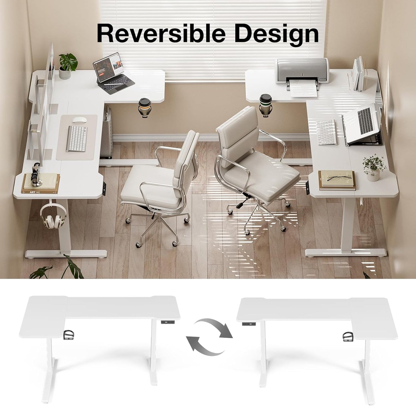 Acrolix L Shaped Electric Standing Desk - 59x40 Inch Reversible Corner Sit Stand Desk with Hook&Cup Holder,Electric Height Adjustable Table,for Home Office Gaming Computer Desk, White