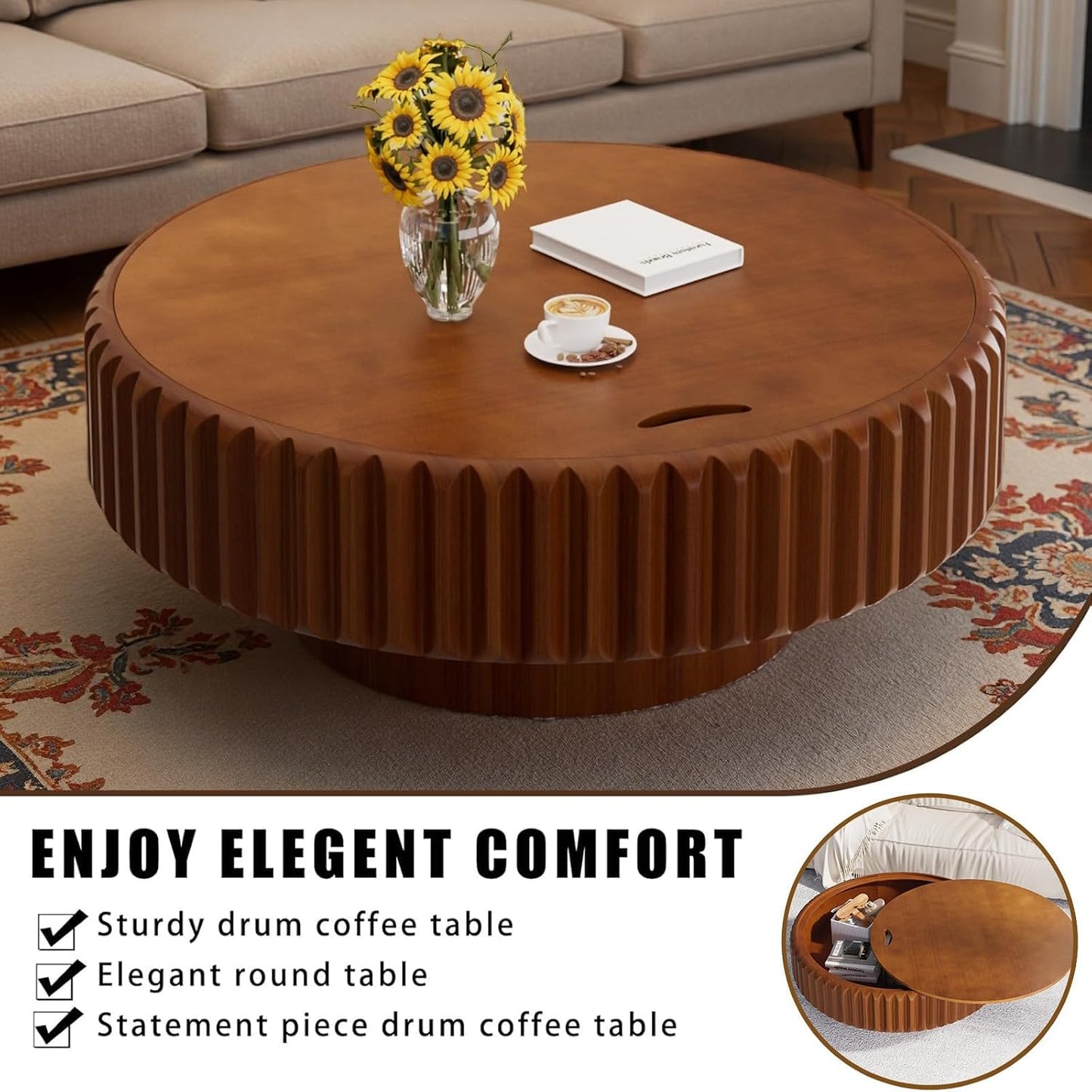 31.5" Round Drum Fluted Coffee Table (L31.5IN) | Mid-Century Modern, Easy Assembly, Sturdy Pedestal, Center Tables for Apartment Living Room