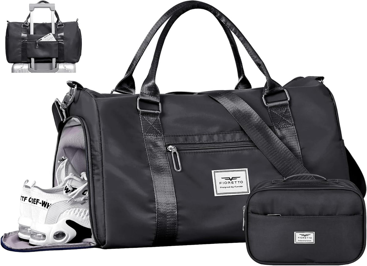 FIORETTO Womens Gym Tote Duffle Bag with Wet Pocket & Shoe Compartment, Sports Duffel Overnight Weekender Hospital Workout Carry on Bag for Girls, Ideal for Travel, Swimming, Dance, Ballet Beige