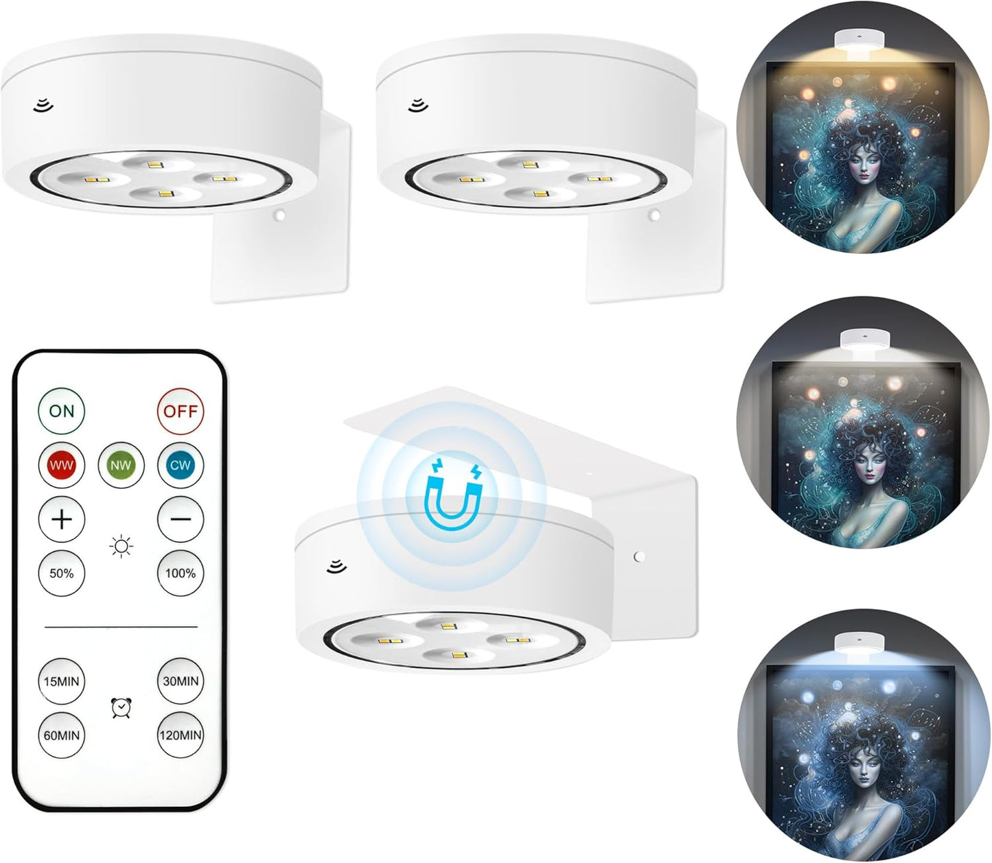 3Pcs Picture Light Battery Operated, Wireless Led Painting Light with Remote Dimmable and Timer, 3 Lighting Modes Art Display Light for Picture Frame Artworking Portrait, Wall Decorative Puck Lights