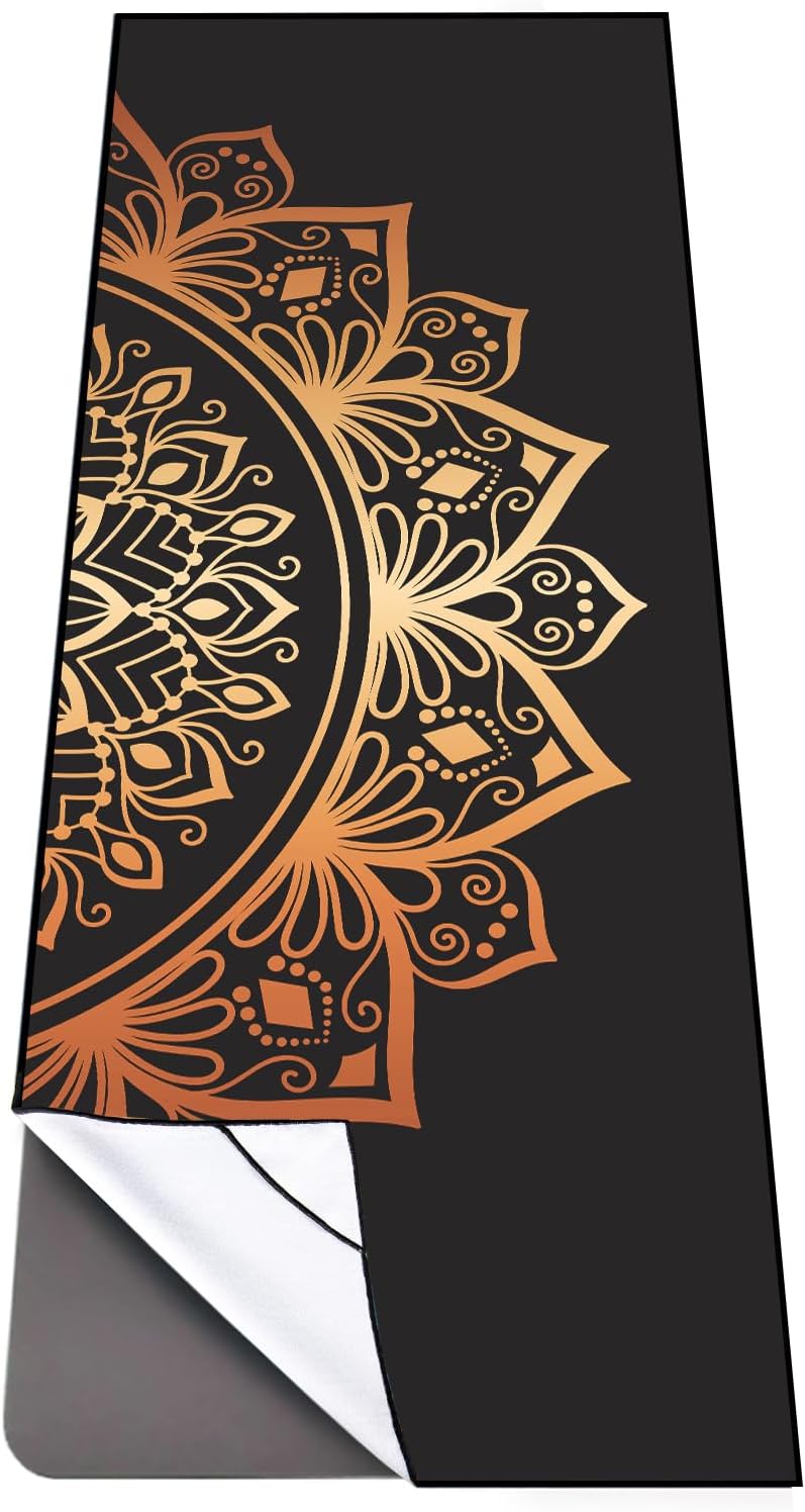 QiyI Hot Yoga Towel with Grip Dots, Non Slip, 70"x26", Golden Mandala