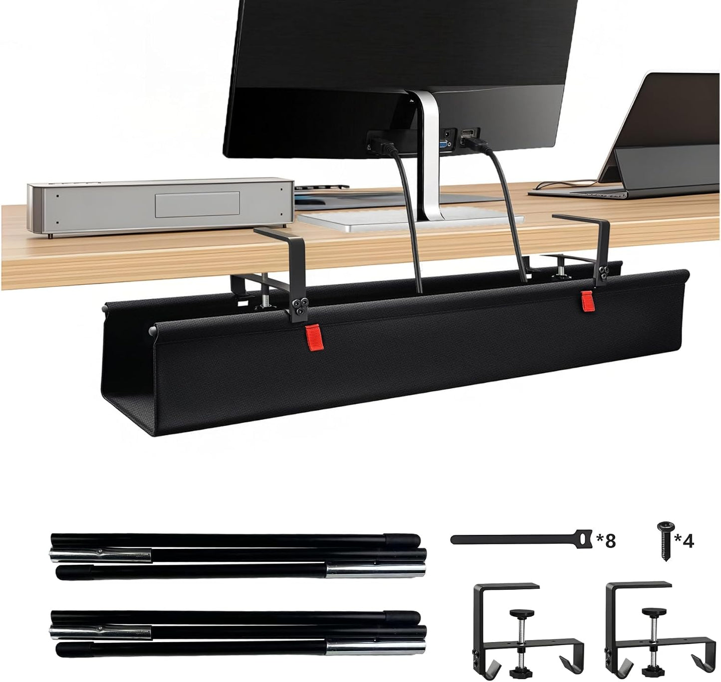 No Drill Under Desk Cable Management Tray, Cord Organizer for Table 36" | Upgraded Oxford Fabric, Cable Loop, for Home, for Office