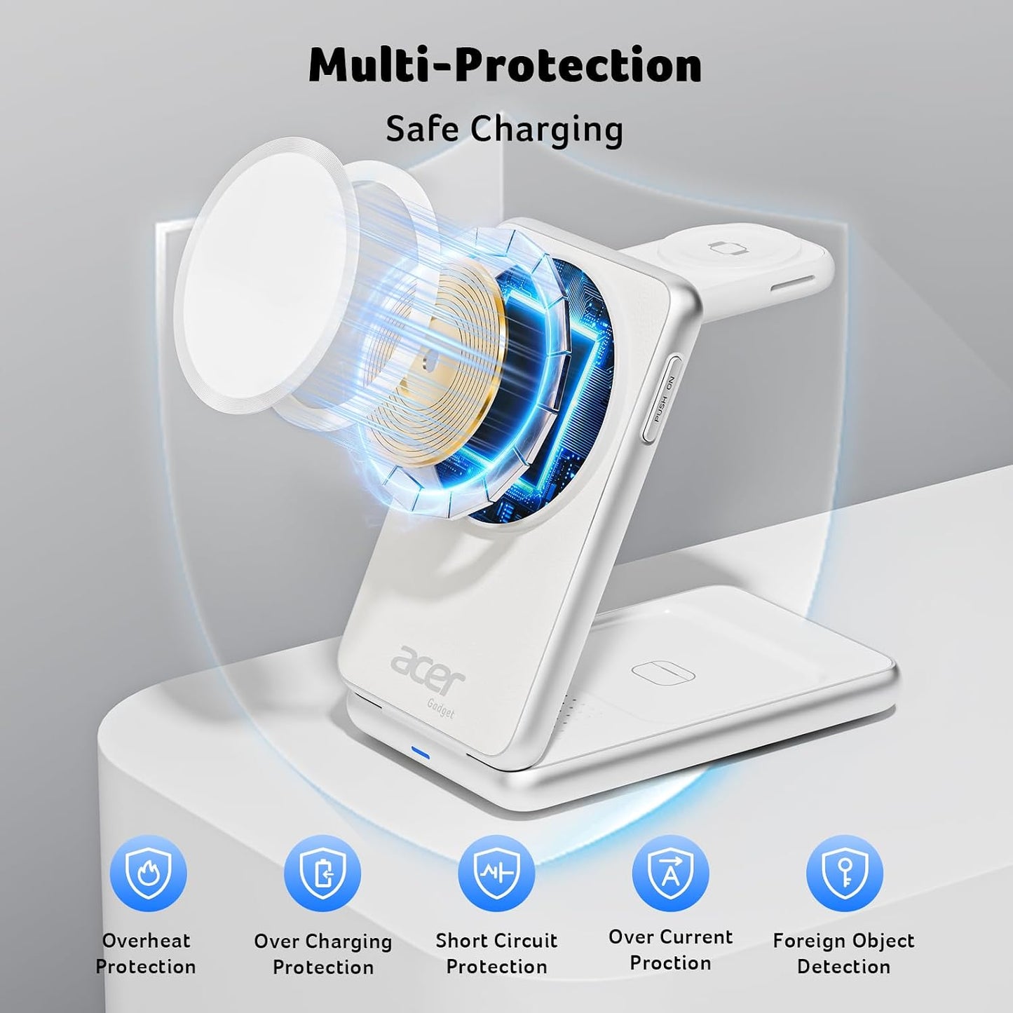 Acer 3 in 1 Charging Station for iPhone, Wireless Charger Stand,15W Fast MagSafe Charger for iPhone 17 16 15 14 13 12 Series-Apple Watch 11 10 9 8 7 6 5 4 3 2 SE and Ultra Series-Airpods 4 3 2 Pro