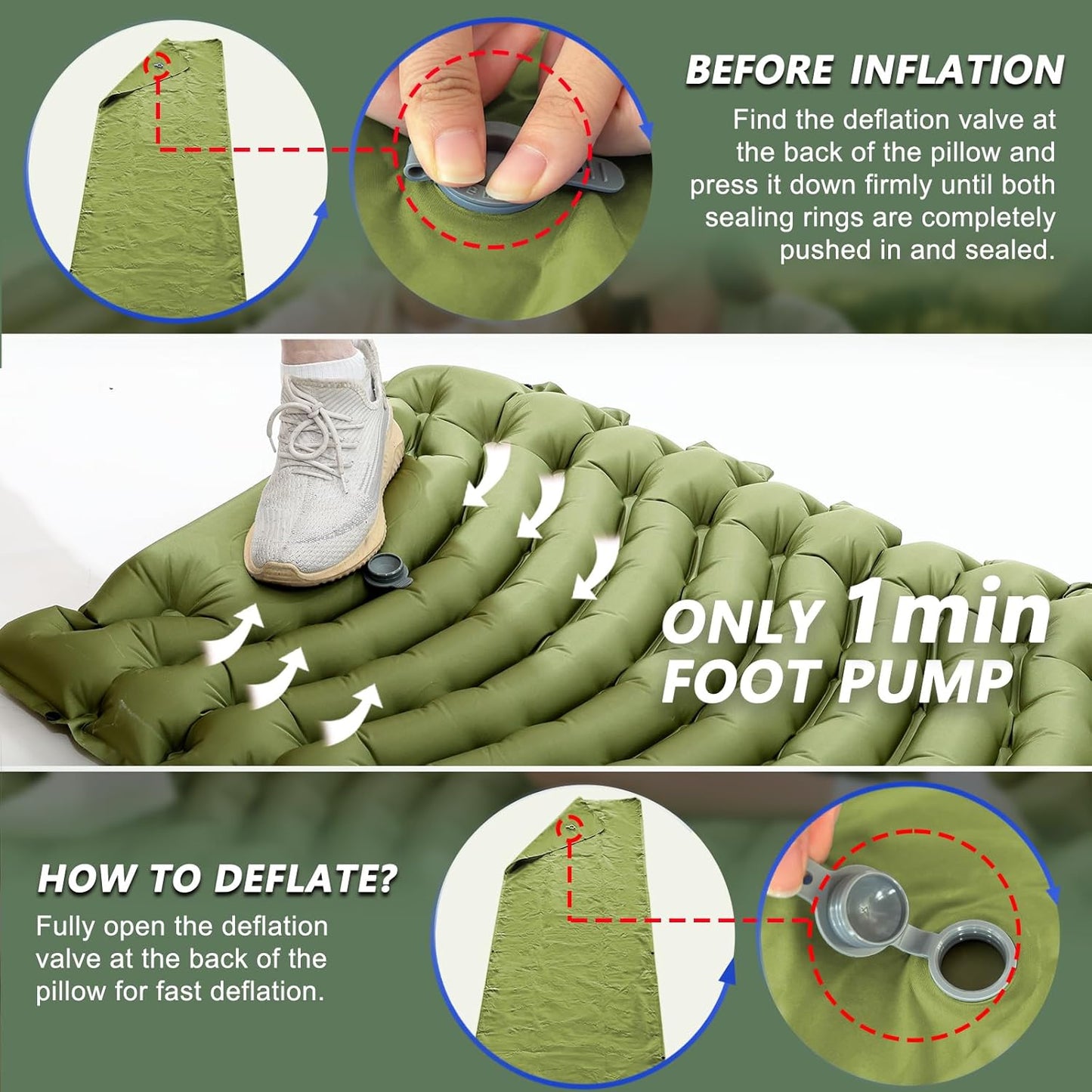 Sleeping Pad for Camping - Ultralight Camping Mattress with Pillow, Built-in Foot Pump, Compact Inflatable Portable Mat for Backpacking, Hiking, Car Traveling, Beach, Tent
