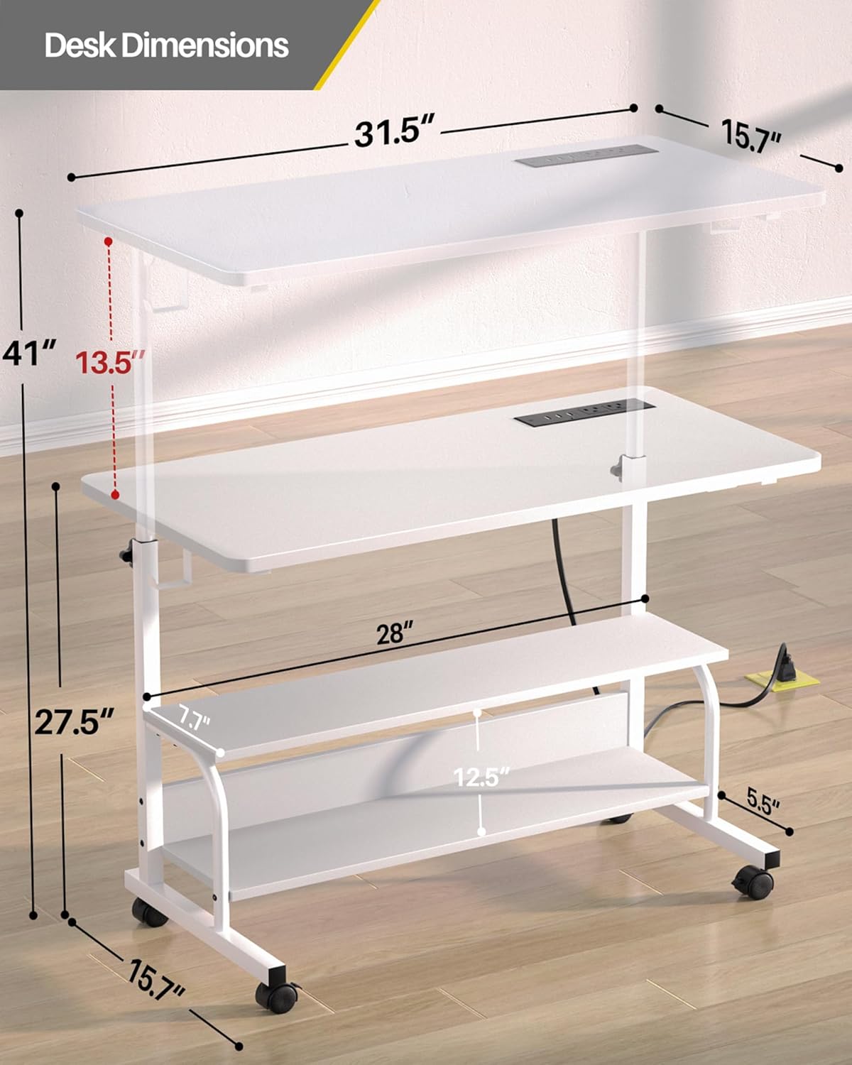 Armocity Rolling Standing Desk with Charging Station, Portable Height Adjustable Mobile Computer Desk with Wheels & 2-Tier Shelves & Hooks, Easy Assembly Laptop Table for Couch Bed, 32" White
