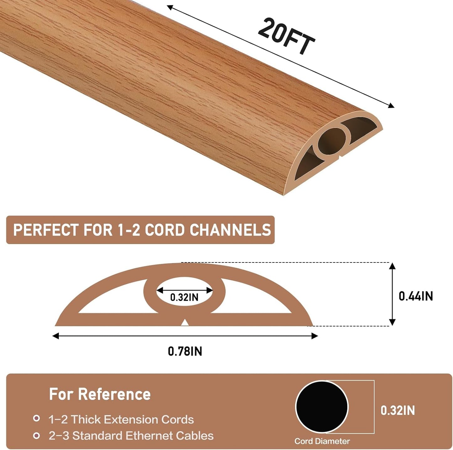 LSGCQ Floor Cord Cover Self Adhesive Cord Hider Floor Cable Management | Cord Covers for Wires on Floor Cable Cover, Prevent Cable Trips, Cable Cavity 0.32" W x 0.32" H, 20Ft, Light Brown Wood