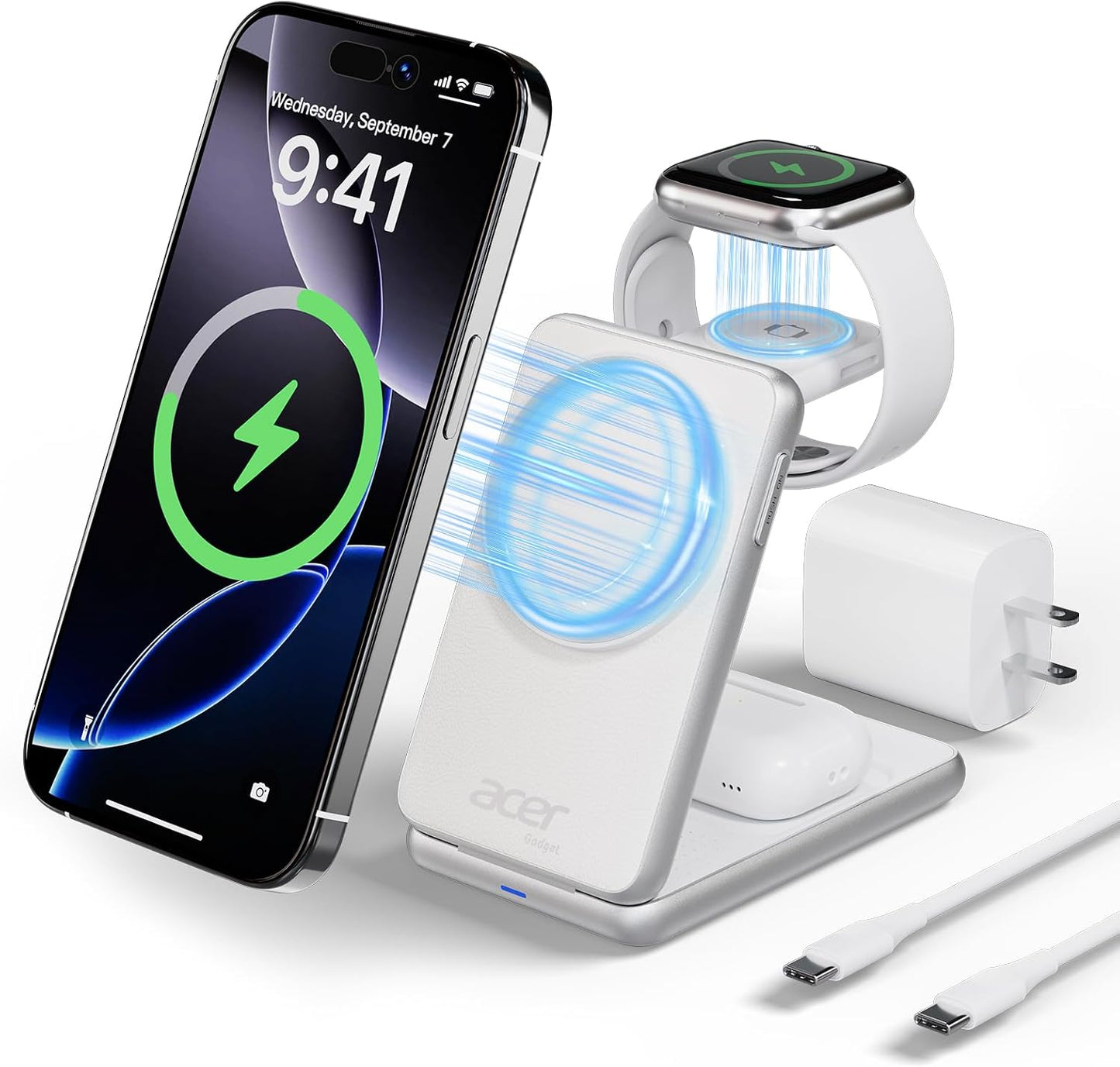 Acer 3 in 1 Charging Station for iPhone, Wireless Charger Stand,15W Fast MagSafe Charger for iPhone 17 16 15 14 13 12 Series-Apple Watch 11 10 9 8 7 6 5 4 3 2 SE and Ultra Series-Airpods 4 3 2 Pro