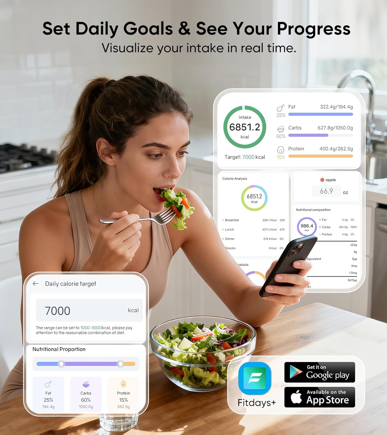 KUAIVO Smart Nutrition Food Scale with TFT Display, Tracks Calories, Fat, Carbs & Protein, Works with App for Daily Reports, 50 Built-in Foods, 23 Nutrients, Digital Kitchen Scale for Meal Prep