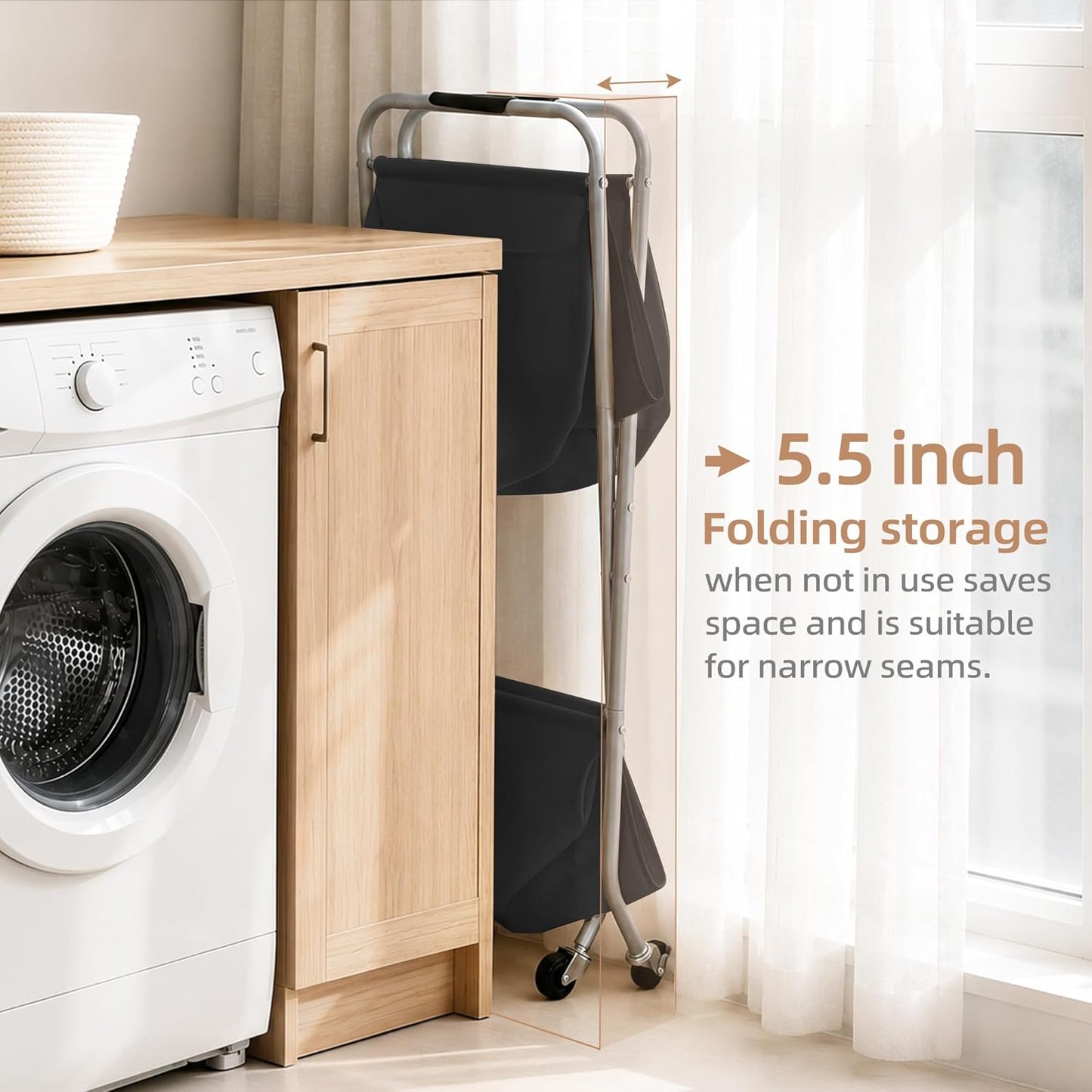 STORAGE MANIAC Collapsible Laundry Cart with Wheels 31.5"H Rolling Laundry Hamper Clothes Basket with Wheels, Canvas Liner Sturdy Steel Frame Folding for Small Narrow Space Easy Storage, Black