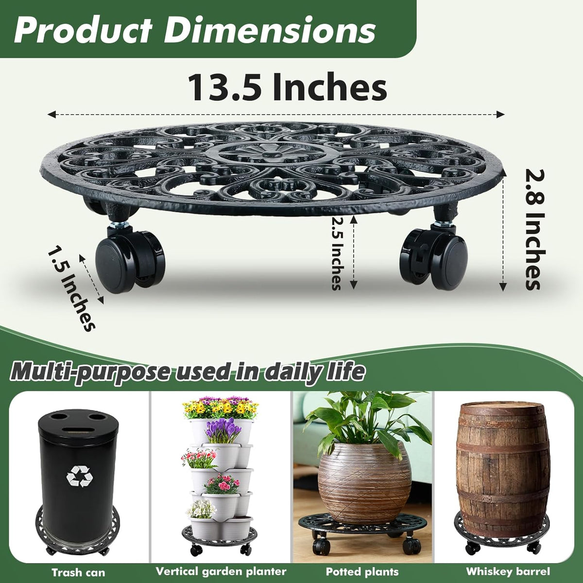 3 Pack 14 In Rolling Plant Stand with Wheels Metal Plant Caddy with Wheels