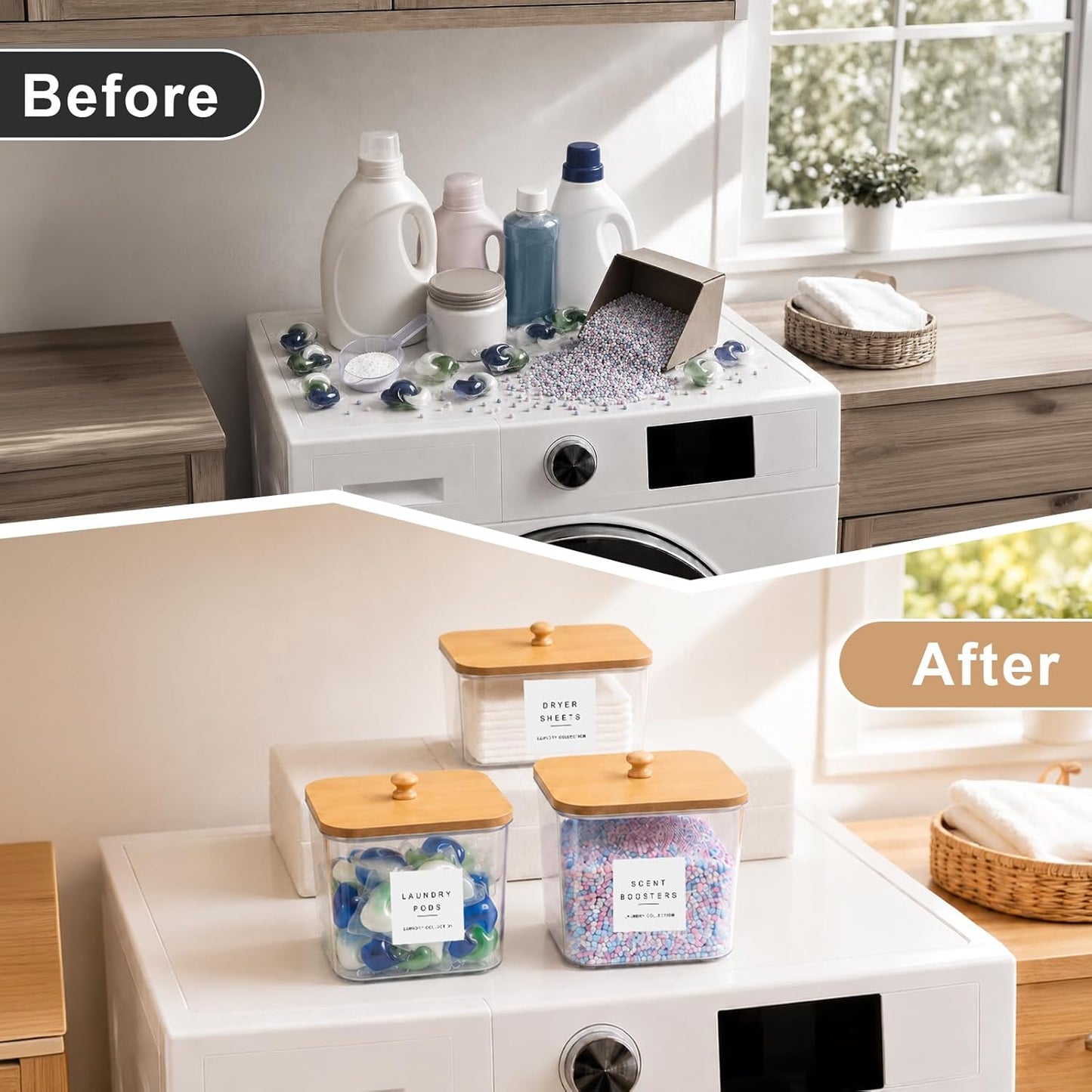 POLRAI 3 Pack Laundry Pod Containers and Dryer Sheet Holder, Laundry Room Organization Storage Containers with Lids and Labels for Detergent Pods Dry Sheet Organizing
