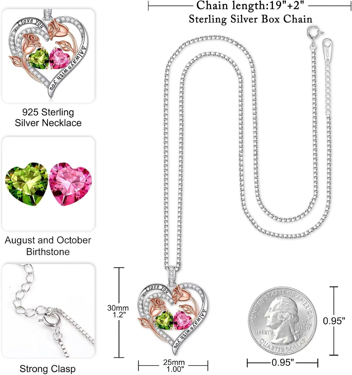 Iefil Birthstone Necklace for Women - Rose Heart Necklace