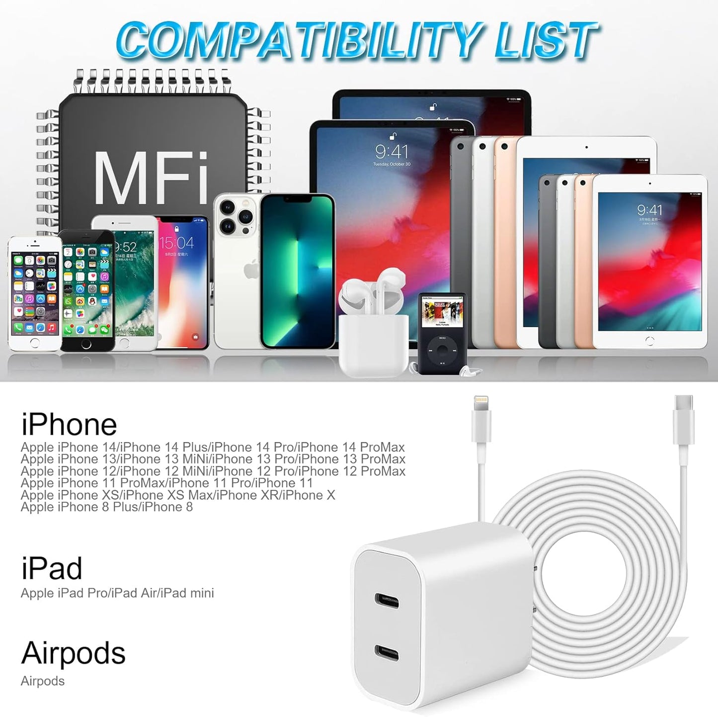 iPhone 14 Super Fast Charger,Dual Port USB C Charger,iPhone Charger Fast Charging Block,Quick Apple USB C Wall Adapter Plug,2Pack Type C Lightning Cable For iPhone 14/13/12/11/ProMax/MiNi/XR/SE/8 Plus