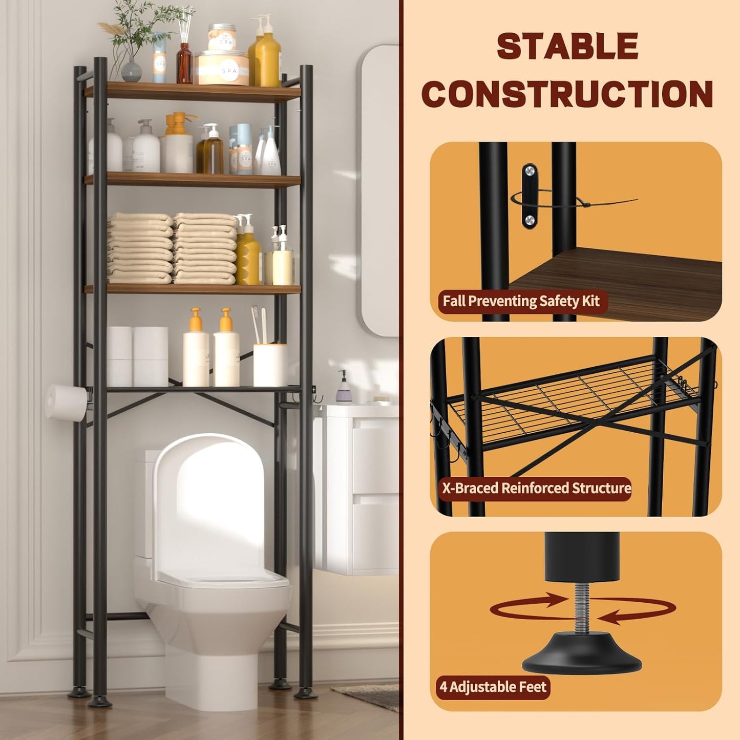 GloTika 4-Tier Over Toilet Storage with Anti-Tilt Safety System - 150lb Total Capacity Metal Bathroom Shelves Including Paper Holder & 4 Hooks, Space Saving Above Commode Organizer (69.3" H, Brown)