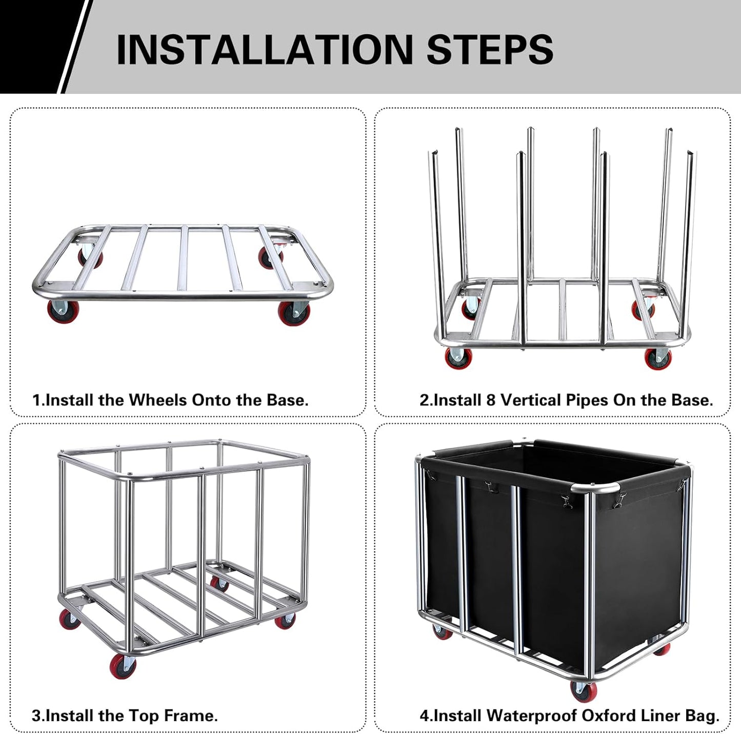 Commercial Laundry Cart with Wheels,400L Large Industrial Laundry Cart,Commercial Laundry Basket with Sturdy Stainless Steel Frame and Oxford Bag for Home Hotel Hospital 440 lbs (Black)