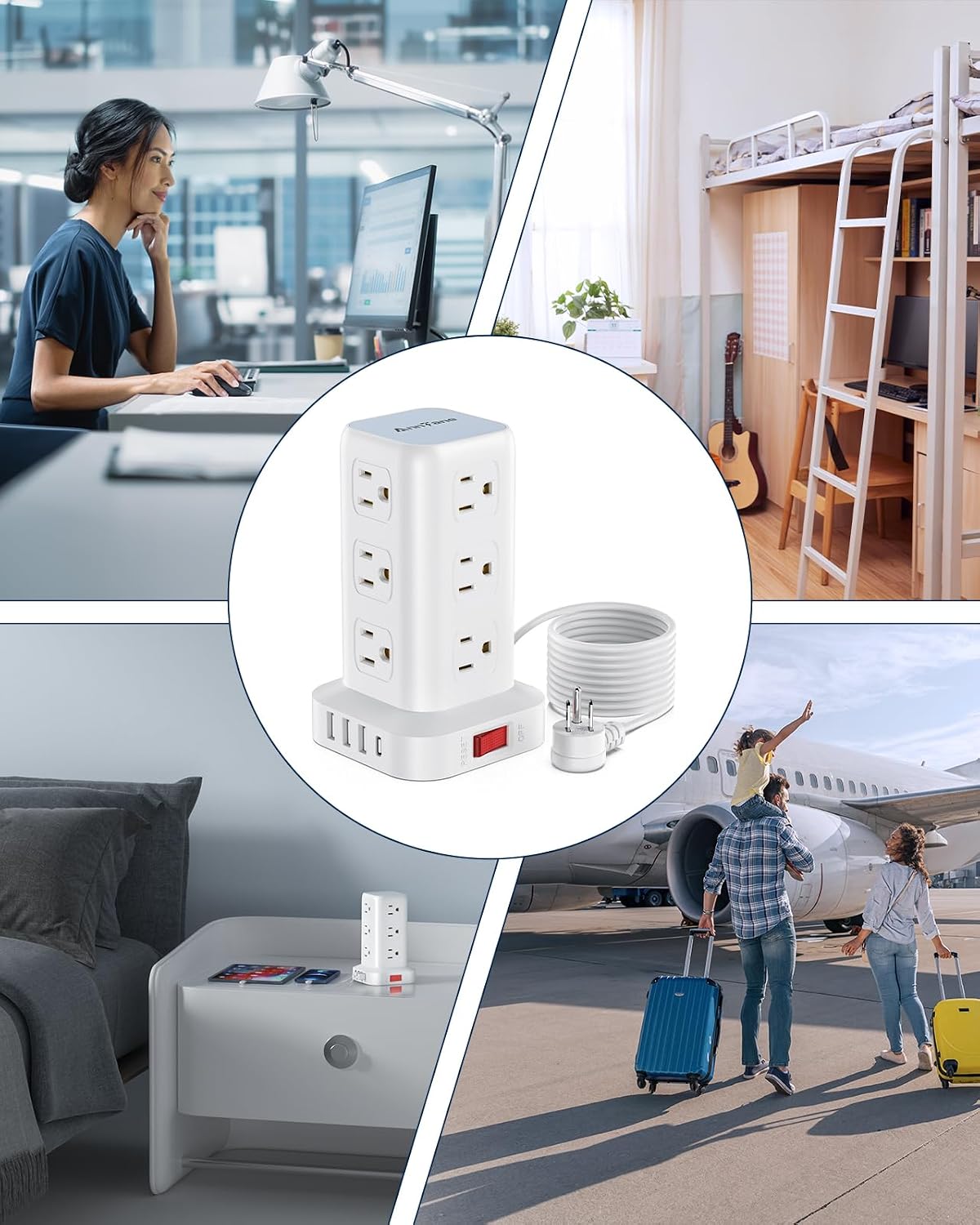 AnnTane Power Strip 10 FT Cord, Power Strip Tower with 4 USB Ports (1USB C), Extension Cord with 12 AC Multiple Outlets, Home Office Supplies Desk Accessories, Dorm Room Essentials