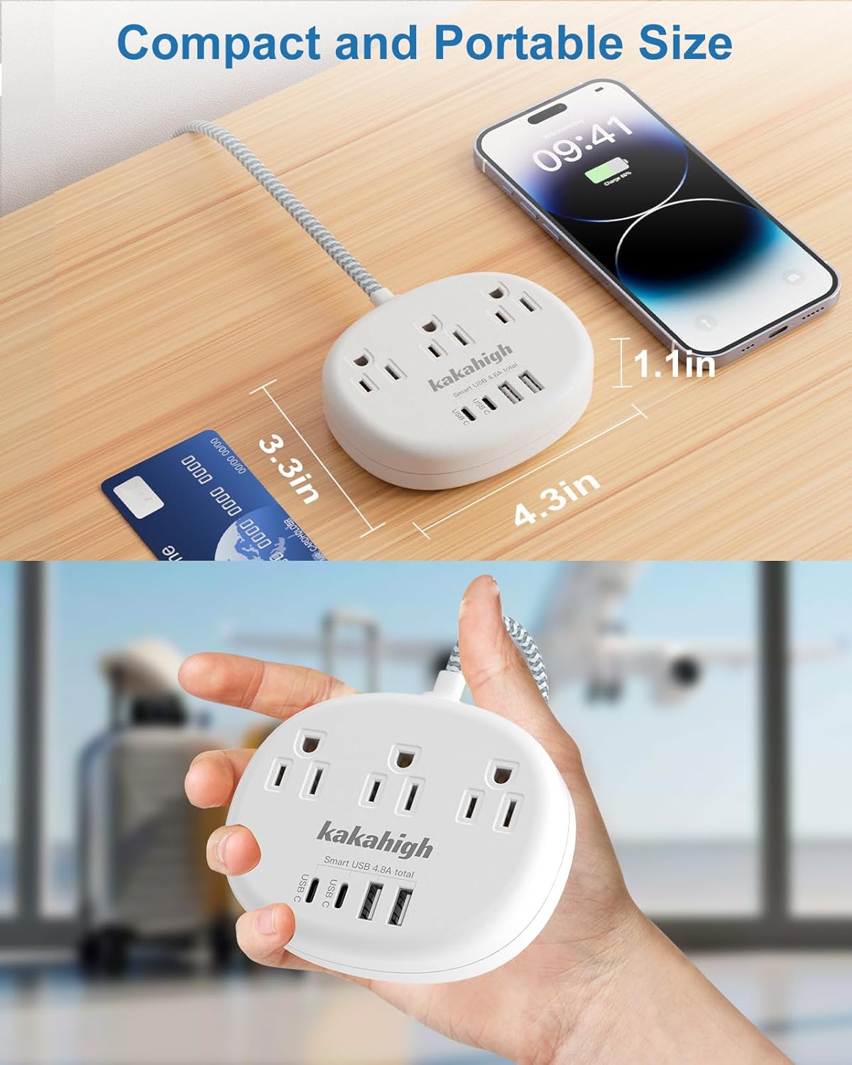 Small Extension Cord with USB C - 5 FT Short Extension Cord, 1625W 3 Prong Power Strip with 3 AC Outlet 4 USB (24W/4.8A), Bedside Charging Station for Home Office Dorm Room Essentials