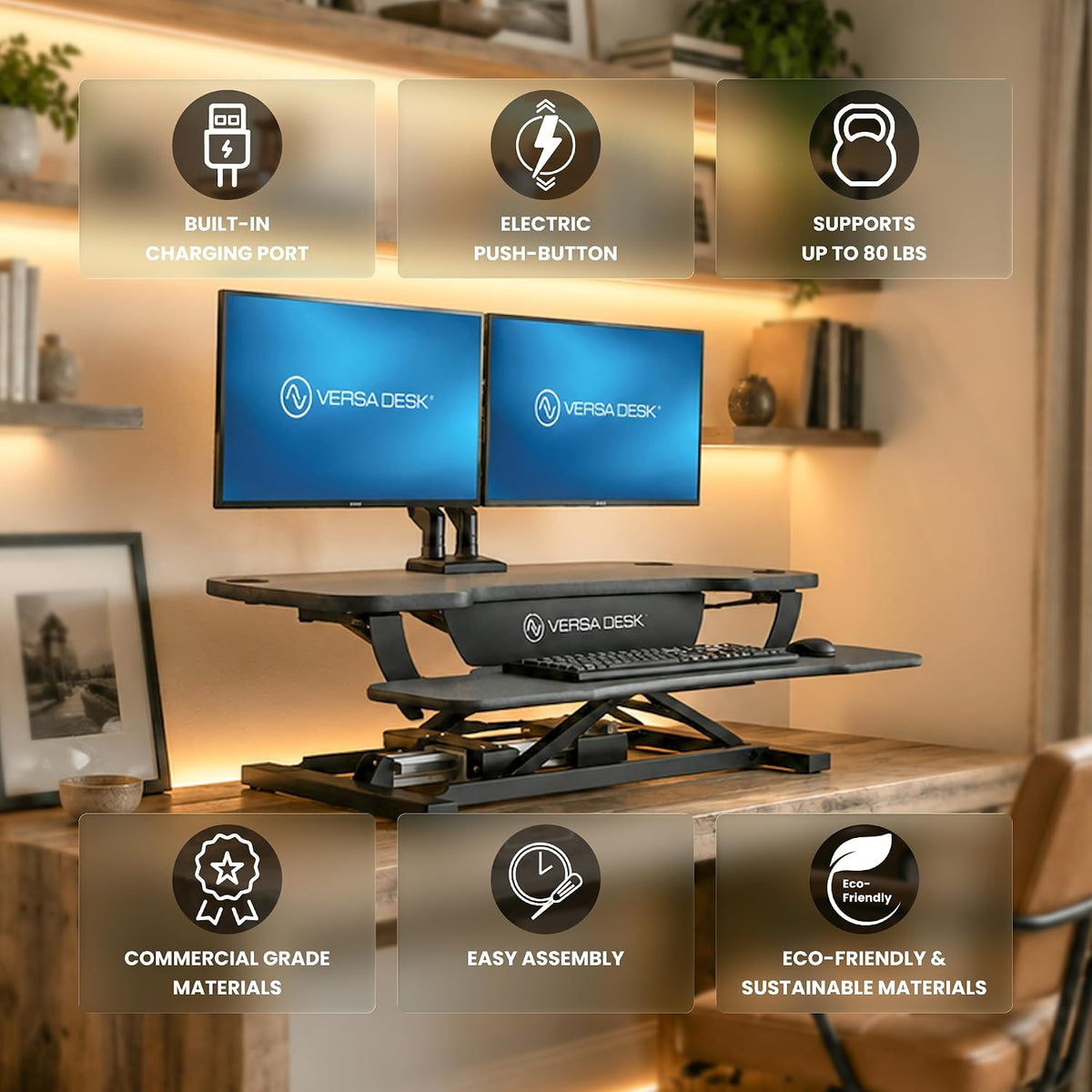 VERSADESK PowerPro 36 Inch Electric Standing Desk Converter – Push-Button Height Adjustable Sit to Stand Desk Riser for Dual Monitors & Laptop – Motorized Desktop Workstation with Wide Keyboard Tray