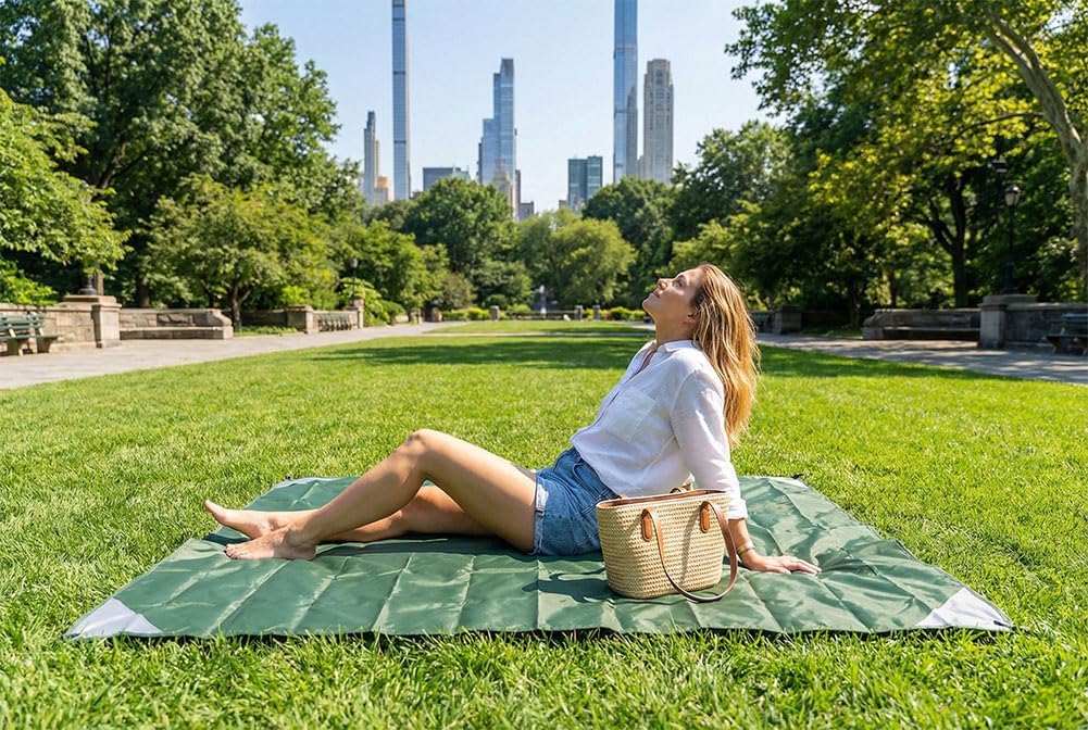 Orga'Neat Pocket Picnic Blanket, Beach Mat Waterproof Sandproof, Compact Lightweight Small Tarp for Camping, Hiking, Backpacking, Festival, Travel, Foldable in Bags (Army Green/Grey, 55"x60")