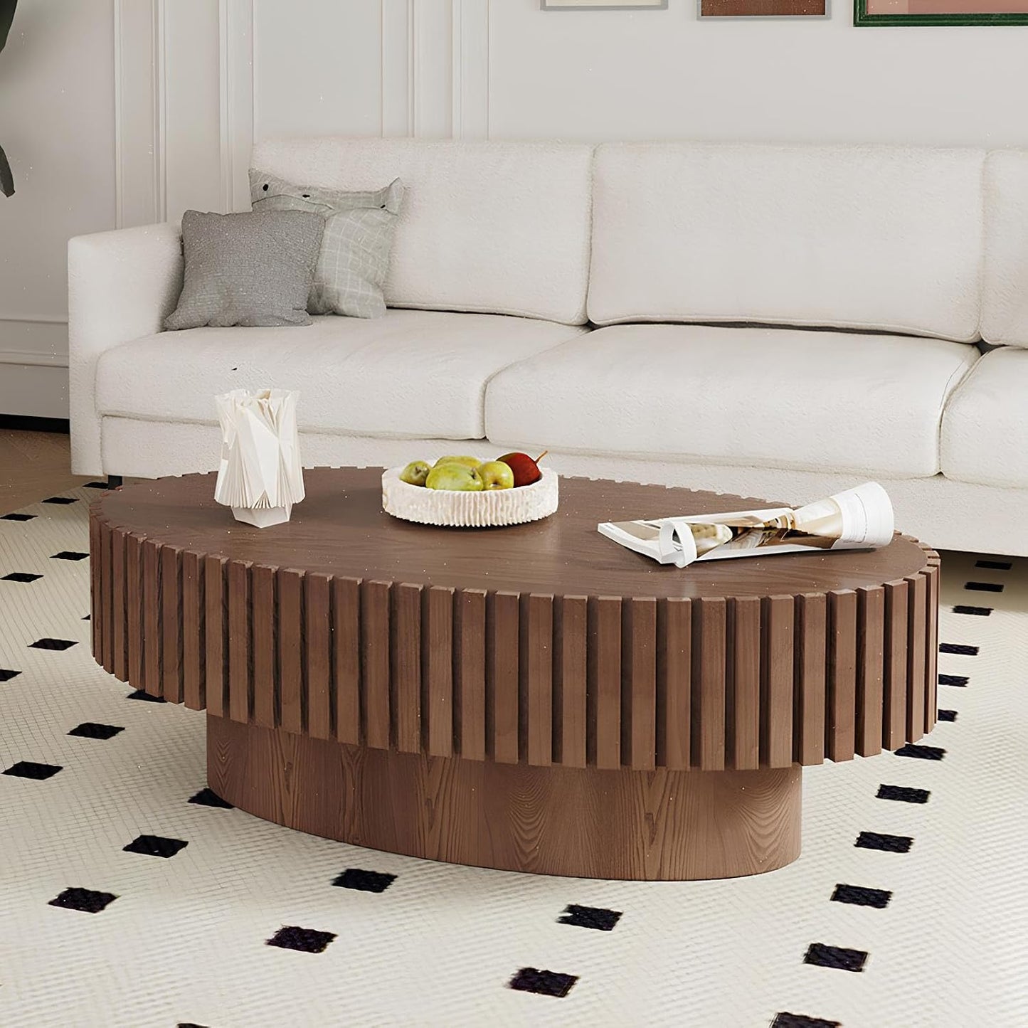 43.3" Oval Wood Coffee Table (Dark Brown) | Fluted Design, Modern Handcraft Drum Center Table, Solid Wood Relief, Sturdy Pedestal, For Living Room Home Office