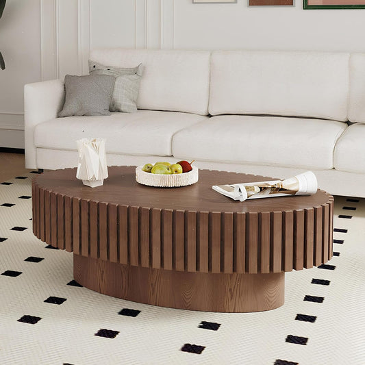 43.3" Oval Wood Coffee Table (Dark Brown) | Fluted Design, Modern Handcraft Drum Center Table, Solid Wood Relief, Sturdy Pedestal, For Living Room Home Office