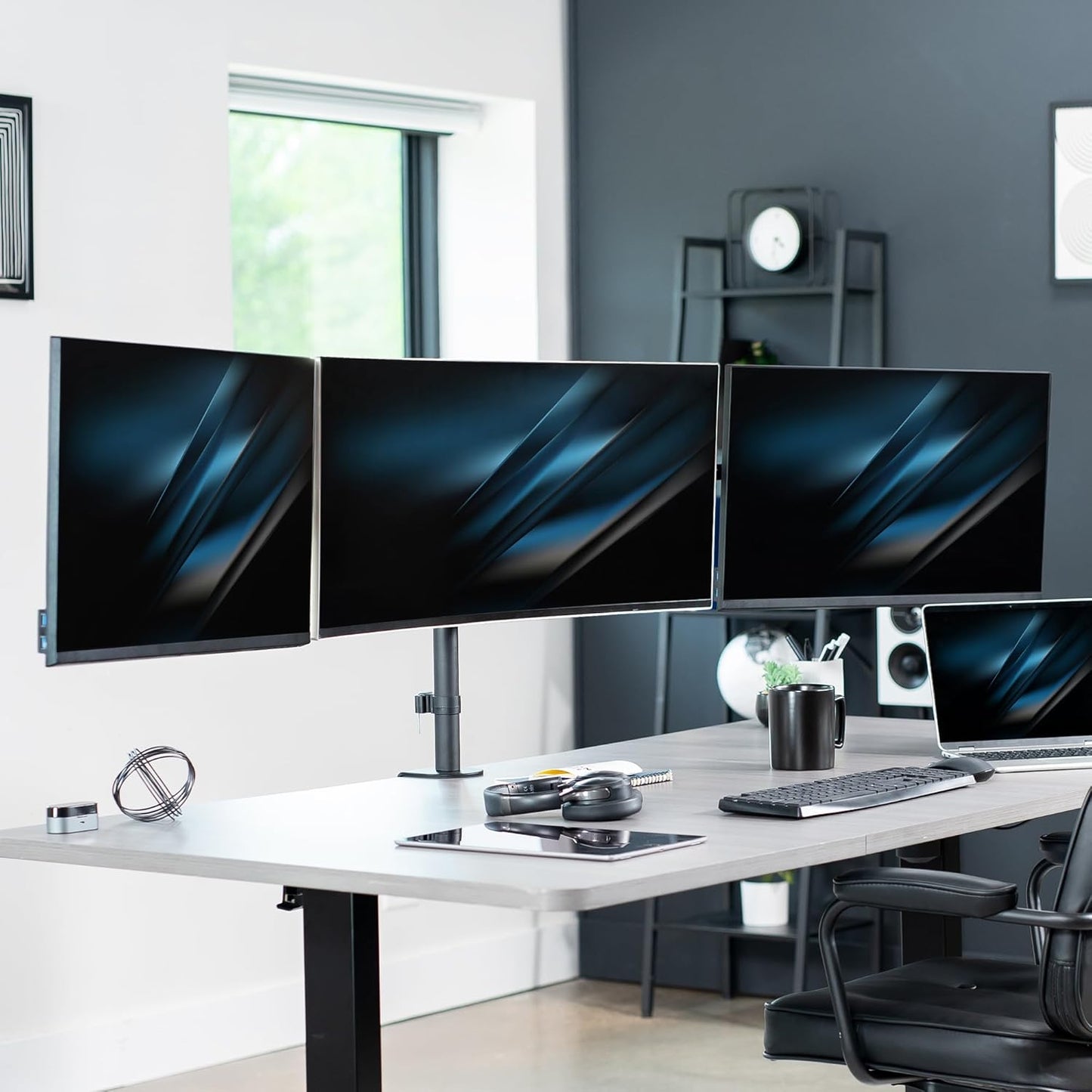 VIVO Premium Triple Monitor Desk Mount for 3 Screens up to 22 lbs, Fits up to 38 inch Ultrawides on Center Bracket, Adjustable Telescoping Arms, Flush Wall Setup, Black, STAND-TS03C