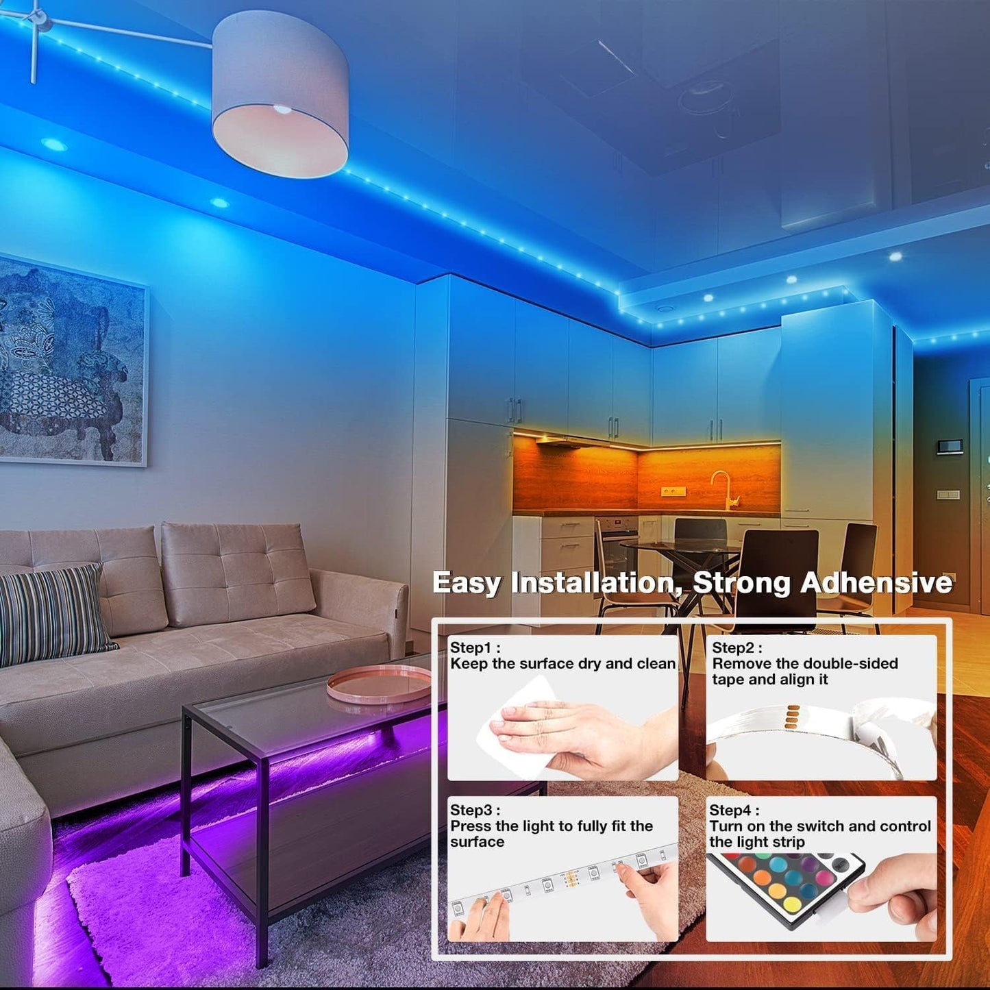 dalattin Led Lights for Bedroom 130ft(2 Rolls of 65.6ft), Led Lighting with Remote&App Control, Color Changing Led Lights for Room, RGB Led Strip Lights Music Sync, Home Decor, 24V Power Supply