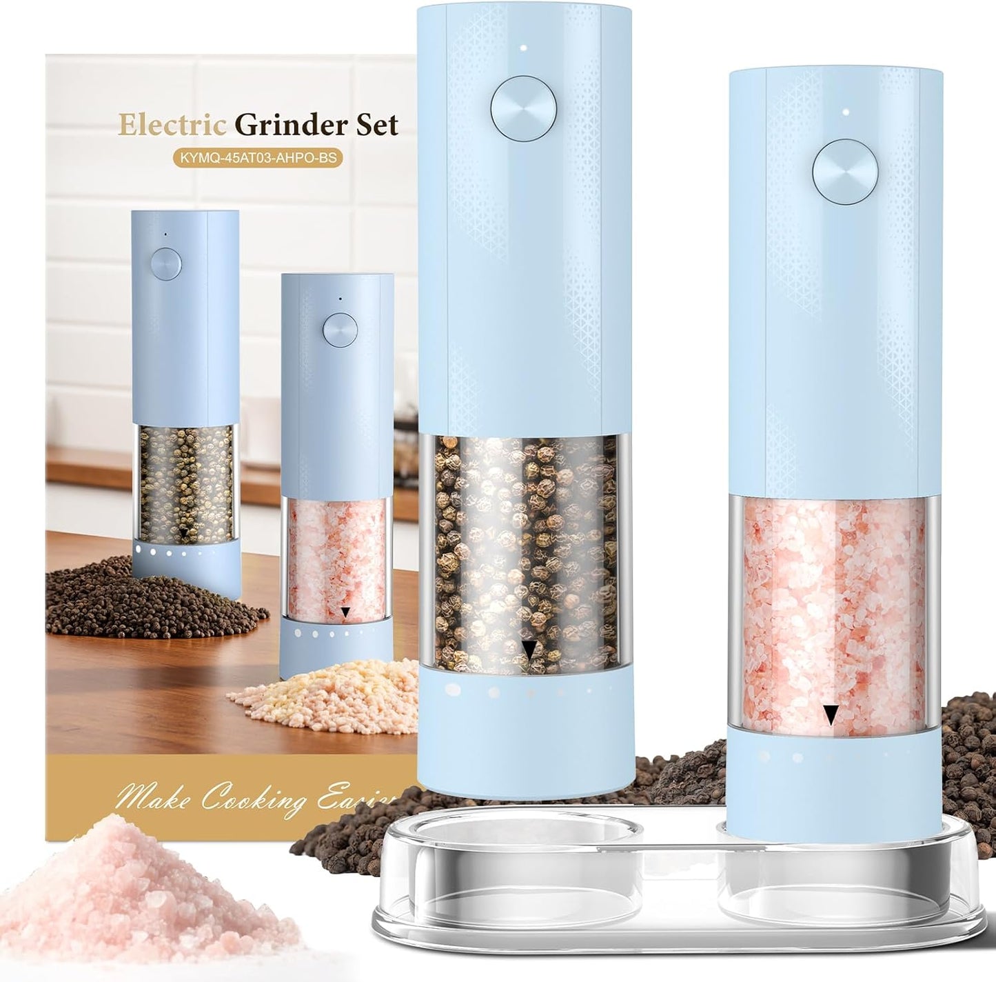 Electric Salt and Pepper Grinder Set - Rechargeable Automatic Salt and Pepper Shakers, Kitchen Appliances with External Adjustable Coarseness, Larger Hopper for Cooking, Home Gifts(2 Pack,Black/Black)