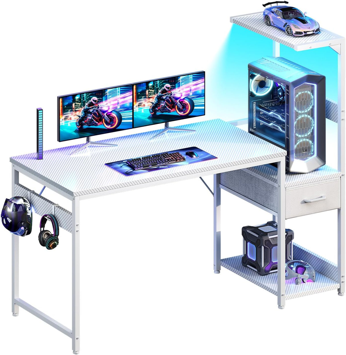Casaottima 54'' Gaming Desk with LED Lights & CPU Stand, Reversible Computer Desk with Storage Shelves & Fabric Drawer, Modern PC Gamer Table with Headphone Hook, Carbon Fiber White