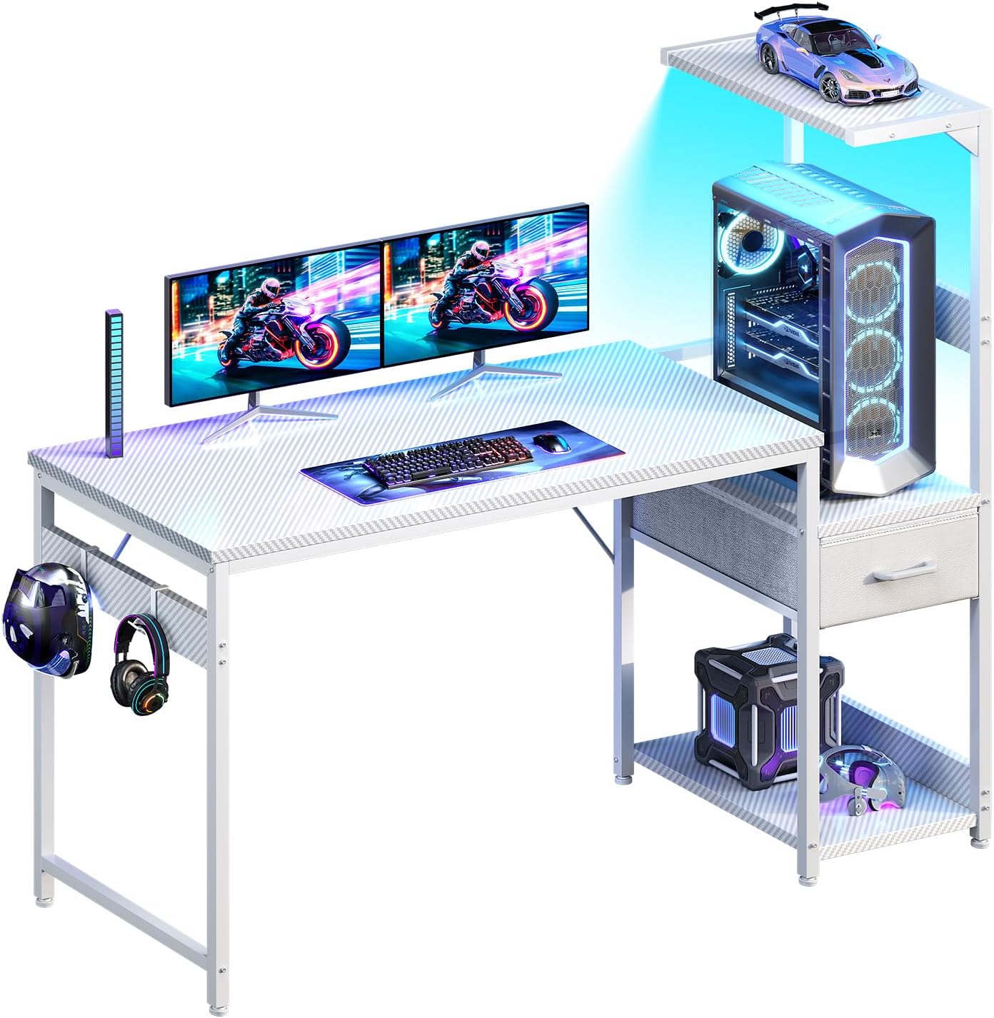 Casaottima 54'' Gaming Desk with LED Lights & CPU Stand, Reversible Computer Desk with Storage Shelves & Fabric Drawer, Modern PC Gamer Table with Headphone Hook, Carbon Fiber Black