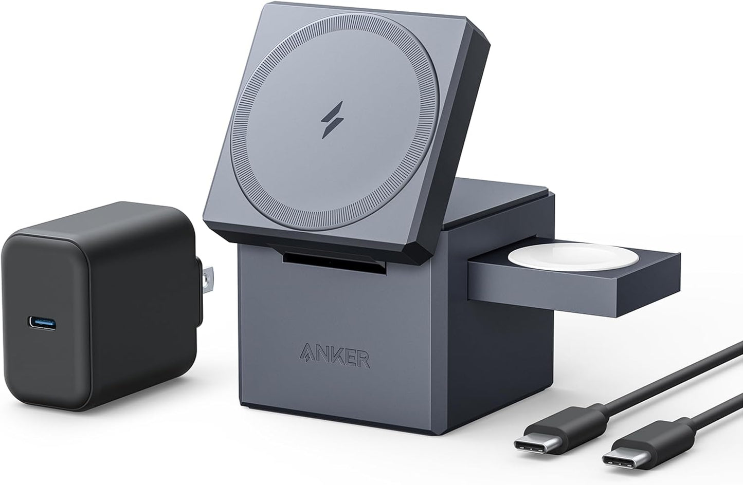 Anker 3-in-1 Cube Wireless Charger, MagSafe Charging Stand, 15W Foldable Fast Charging Station for iPhone 17/16/15, Apple Watch 1-8/Ultra, AirPods (Adapter Included, Non-Battery)