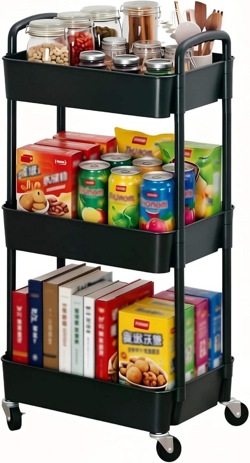Sywhitta 3-Tier Plastic Rolling Utility Cart with Handle, Multi-Functional Storage Trolley for Office, Living Room, Kitchen, Movable Storage Organizer with Wheels, Black