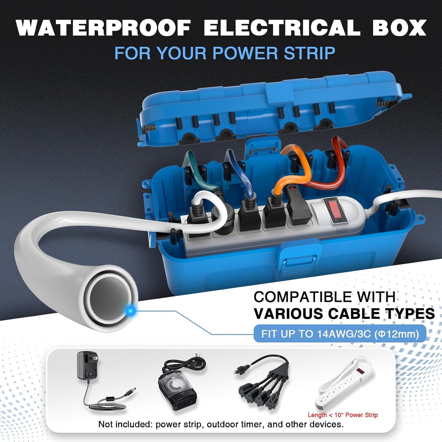 Flemoon Medium Outdoor Electrical Box, IP54 Waterproof Extension Cord Cover | Inner Size 9.4 x 4.3 x 3.2 Inch, 6 Cable Entry Ports, Weatherproof Connection Box for Outlet, Holiday Lights, Blue, 2 Pack
