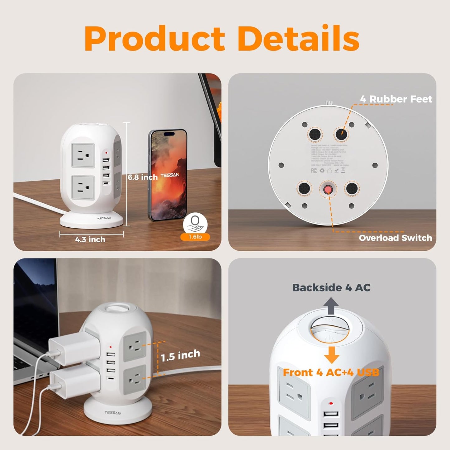 TESSAN Tower Power Strip 10 ft, Long Flat Extension Cord with Multiple Outlets, 8 AC Outlets with 4 USB Ports (1 USB C), Charging Station with, for Home Office Dorm
