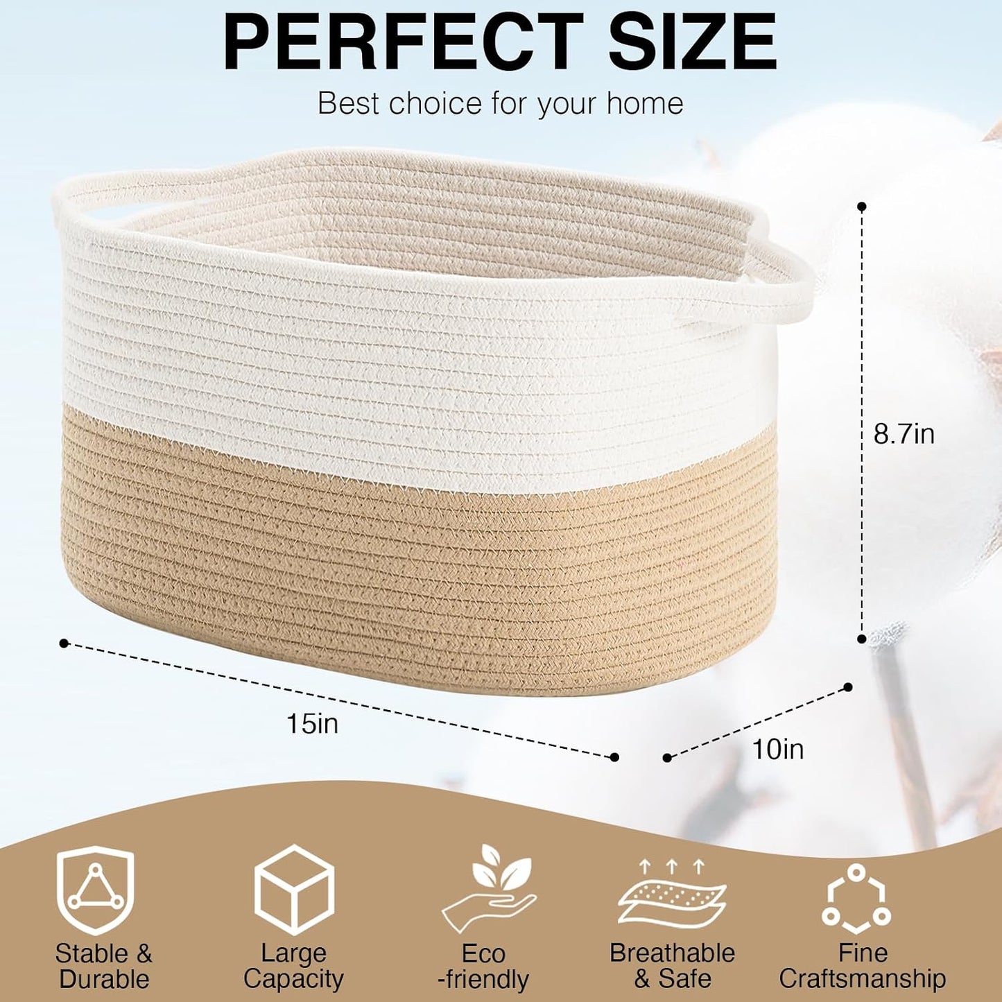 DUHEL Cotton Rope Woven Storage Basket (White&Khaki-3PCS) | Used for Baby Hamper Toy Organizer, Gift Baskets Empty,Kids,Baby,nursery. Size 15x10x8.7 Inches.