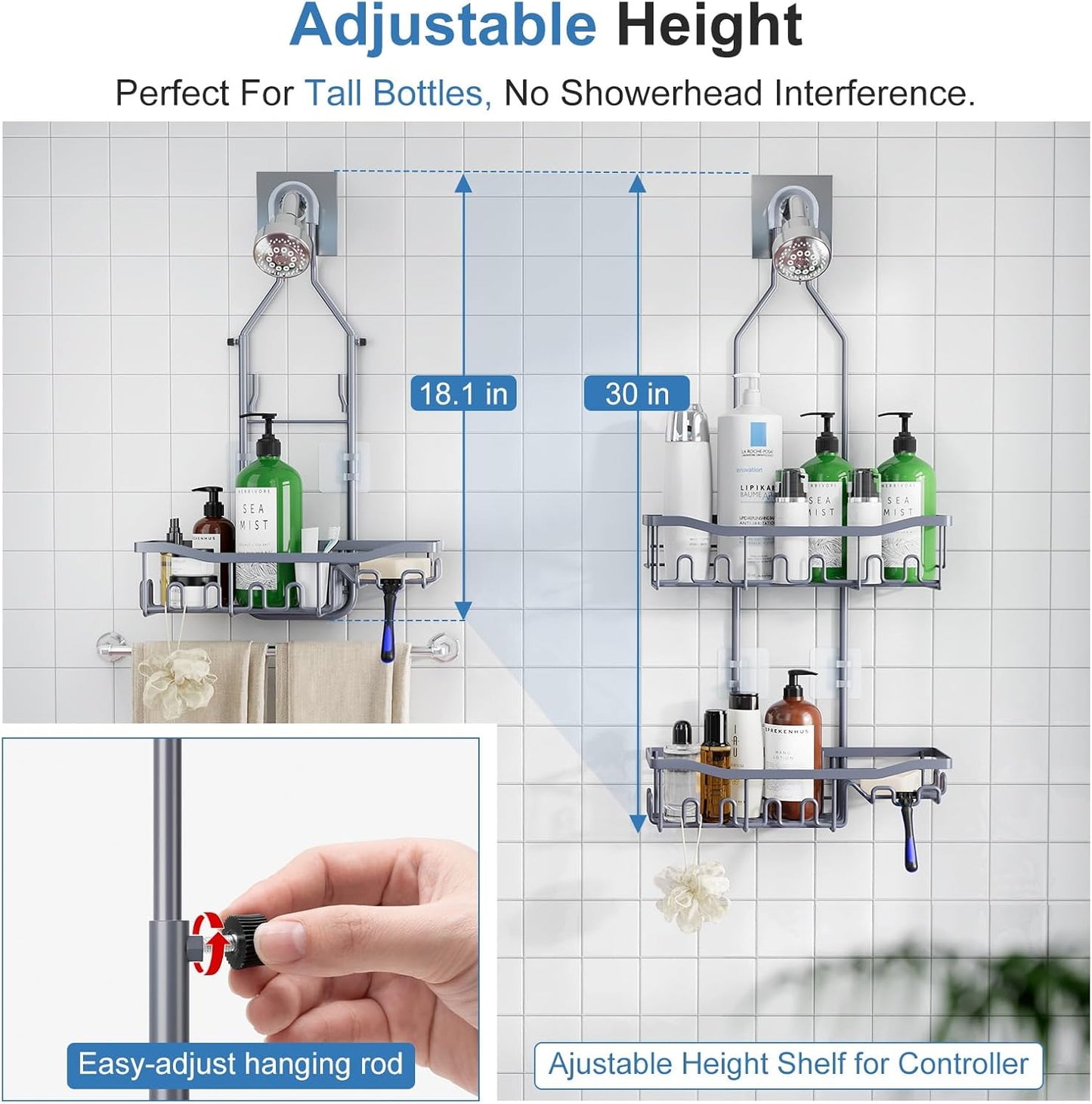 Upgraded Extended Length Shower Caddy Over Showerhead No Blocking to Showerhead, Rustproof Bathroom Organizers and Storage with Hooks Shampoo Soap Holder, Large Hanging Caddy, Grey