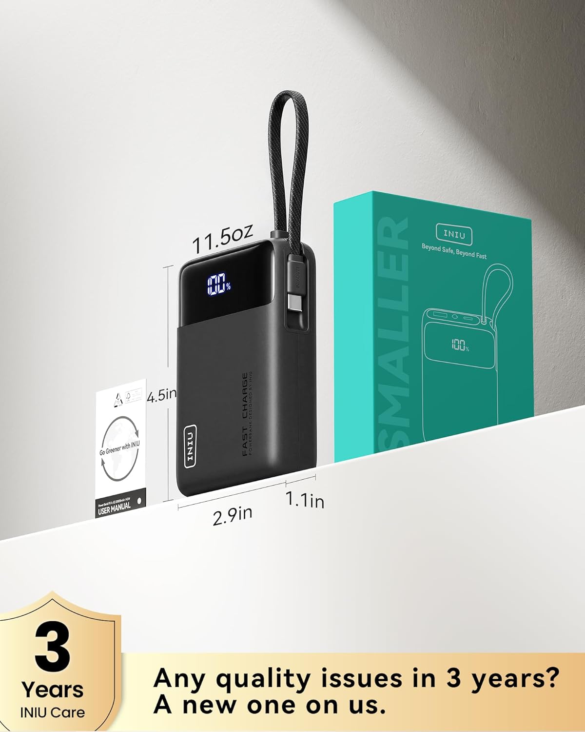 INIU 20000mAh Power Bank, Small 45W PD Fast Charging Portable Charger with Built-in USB C Cable, Flight-Safe Travel External Phone Battery Pack for iPhone 17 Pro Max Samsung S26 iPad etc, Black