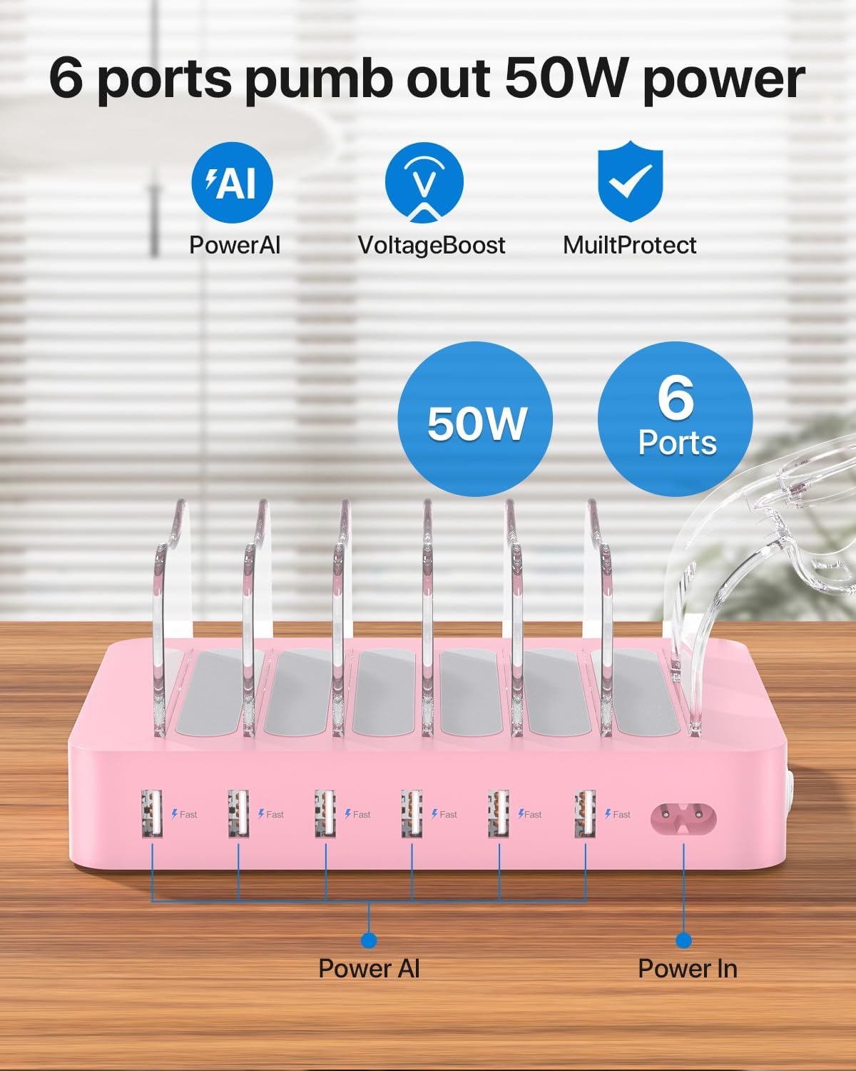 SooPii Premium 6-Port USB Charging Station Organizer for Multiple Devices | Included 6 Short Charging Cables and One Upgraded i-Watch Charger Holder for Phones,Tablets and Other Electronics, Pink