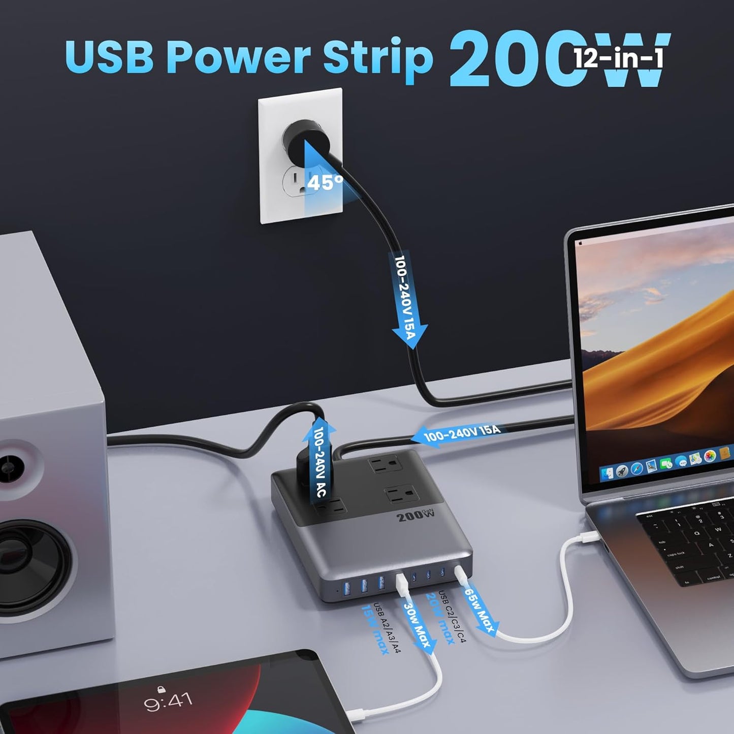 12-in-1 Charging Station USB C Power Strip with 5ft Cord and Plug,200W GaN IV USB C Charger Block,4 AC Outlets,8 USB for MacBook,iPhone 17/16/15,Fast Charging Desktop Charger for Office,Home