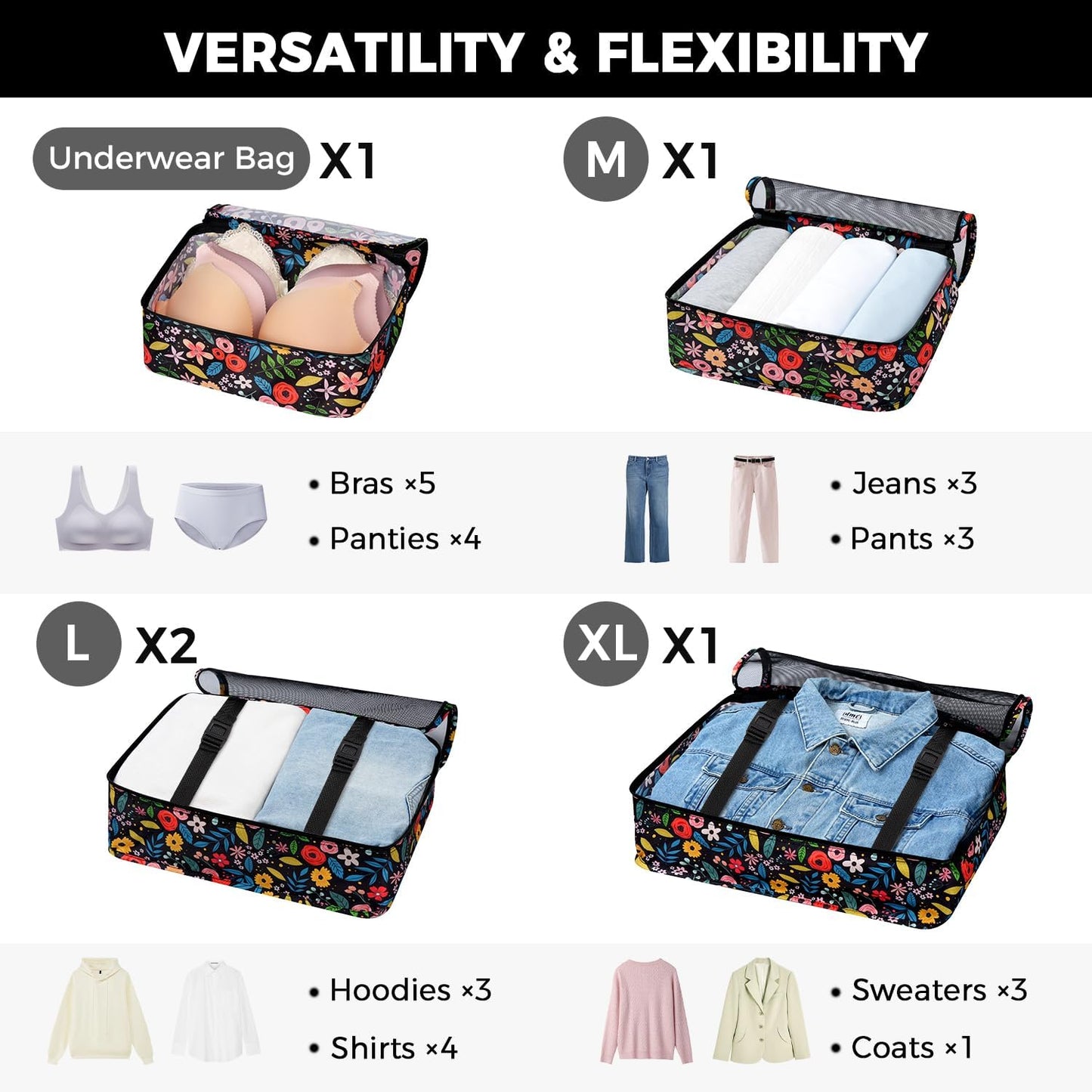 BAGAIL 8 Set Packing Cubes Luggage Packing Organizers for Travel Accessories-Black Floral