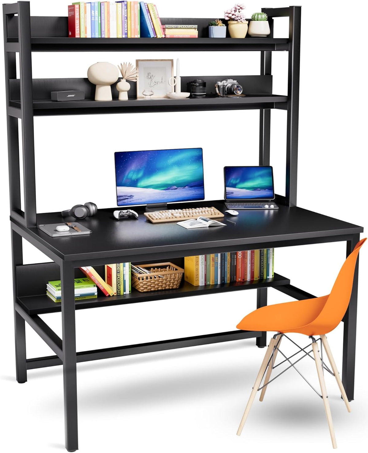 Aquzee Computer Desk with Shelves, 47" W x 23.6" D Gaming Desk with Hutch and Bookshelf, White Study Table for Bedroom Space Saving with 3 Tier Storage Shelf, Home Office Desk for Writing Work