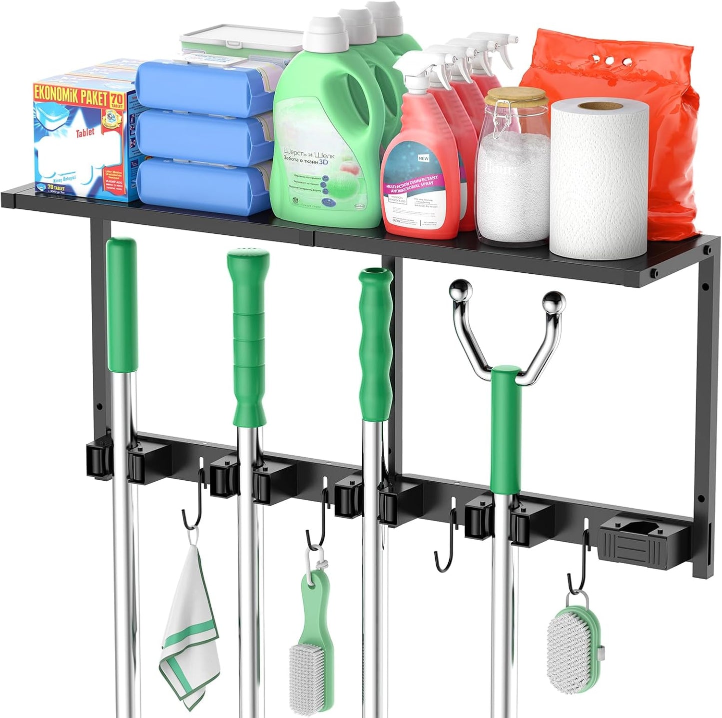 CCCEI Broom and Mop Wall Mount with Shelf, Laundry Room Cleaning Tools Organization Hanging Rack with Hooks, Bathroom, Garage, Garden Organizers and Storage. All Metal, Black, 2 Pack.