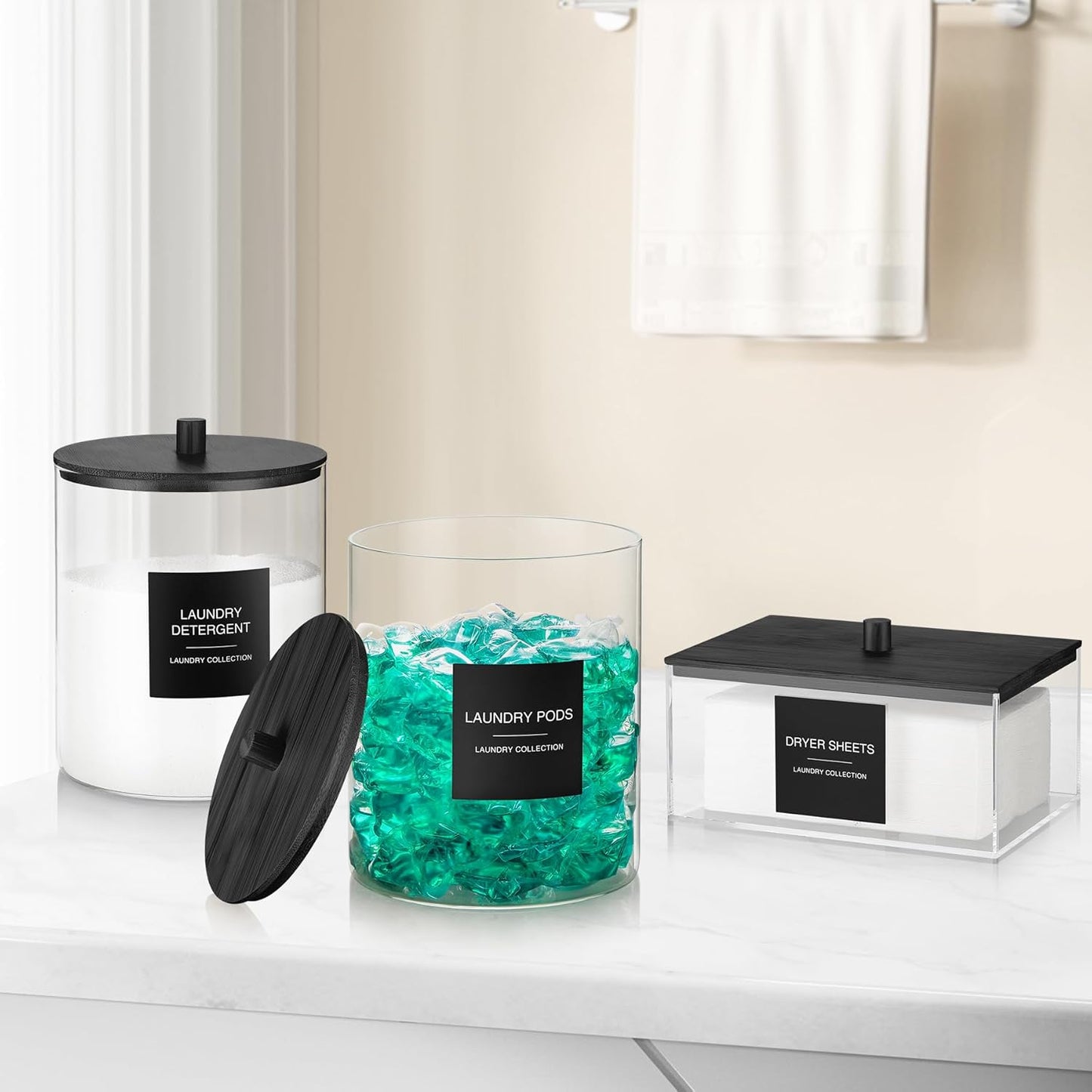 Glass Jars and Acrylic Dryer Sheet Holder, Laundry Pods Container with Bamboo Lid and 27 Labels, Powder Detergent Containers for Laundry Room Organization, Storage Jars Set (3 Pack, Black)