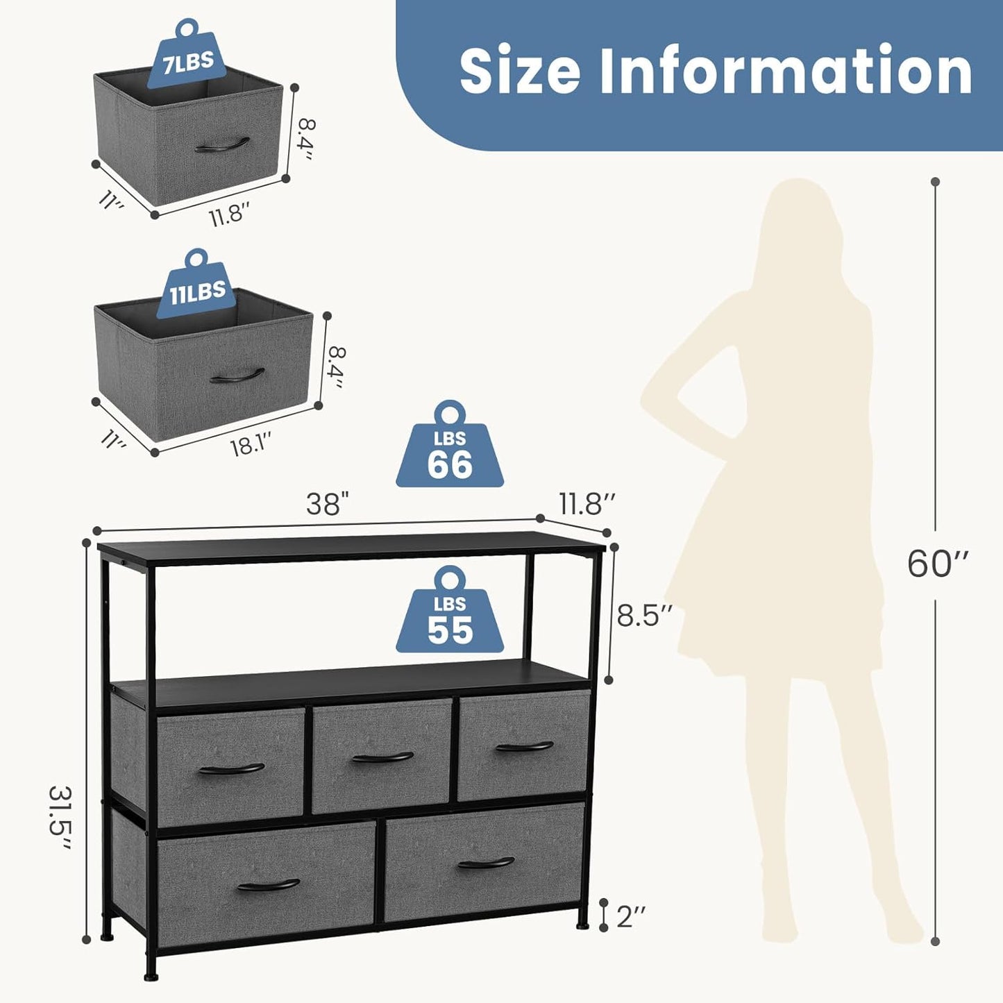 DUMOS TV Stand, Dresser with 5 Fabric Storage Drawers, Media Console Featuring Open Shelf for TV, Compact Entertainment Unit for Bedroom, Living Space, or Dorm Organization, Grey
