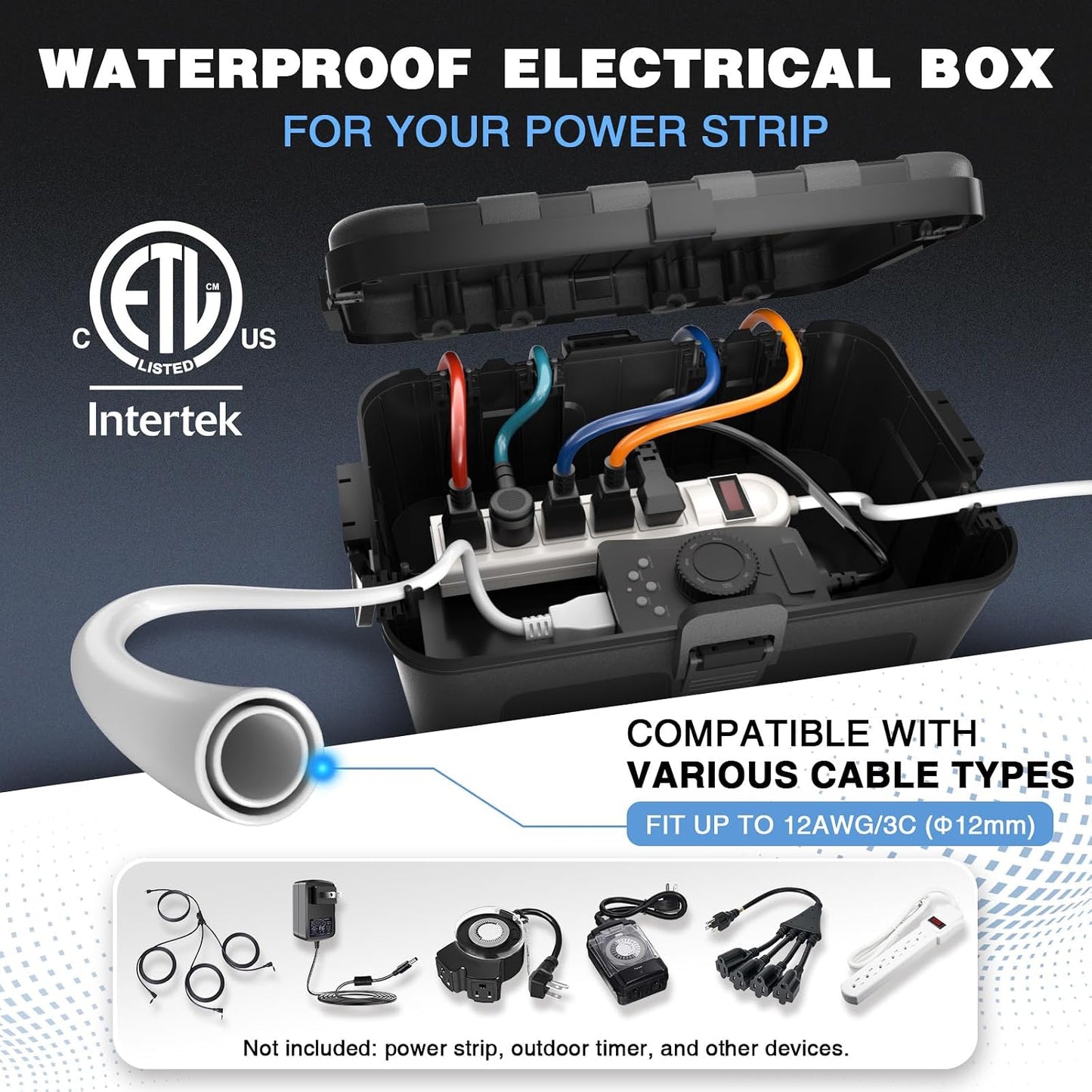 Flemoon Large Outdoor Electrical Box, Waterproof Extension Cord Cover | Inner Size 12 x 7.4 x 3.9 Inch, 6 Cable Entry Ports, IP54 Weatherproof Connection Box for Outlet, Timer, Holiday Light, Black
