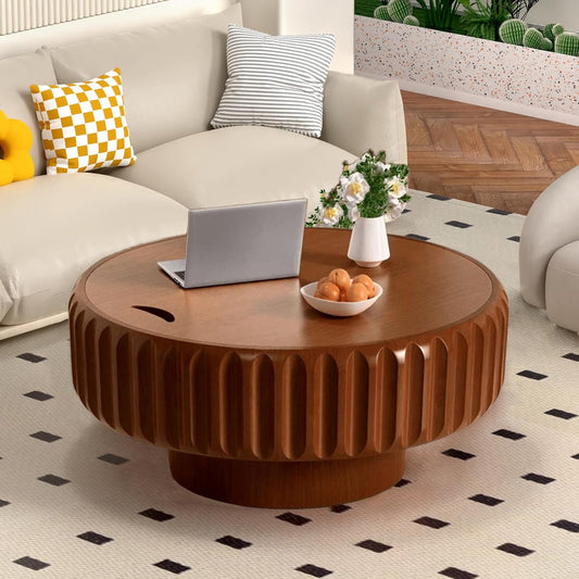 Chic Drum Coffee Table with Storage (C 31.5in) | 31.5” Rustic Round Center Table - Handcraft Fluted Veneer Easy Assemble for Living Room Apartment