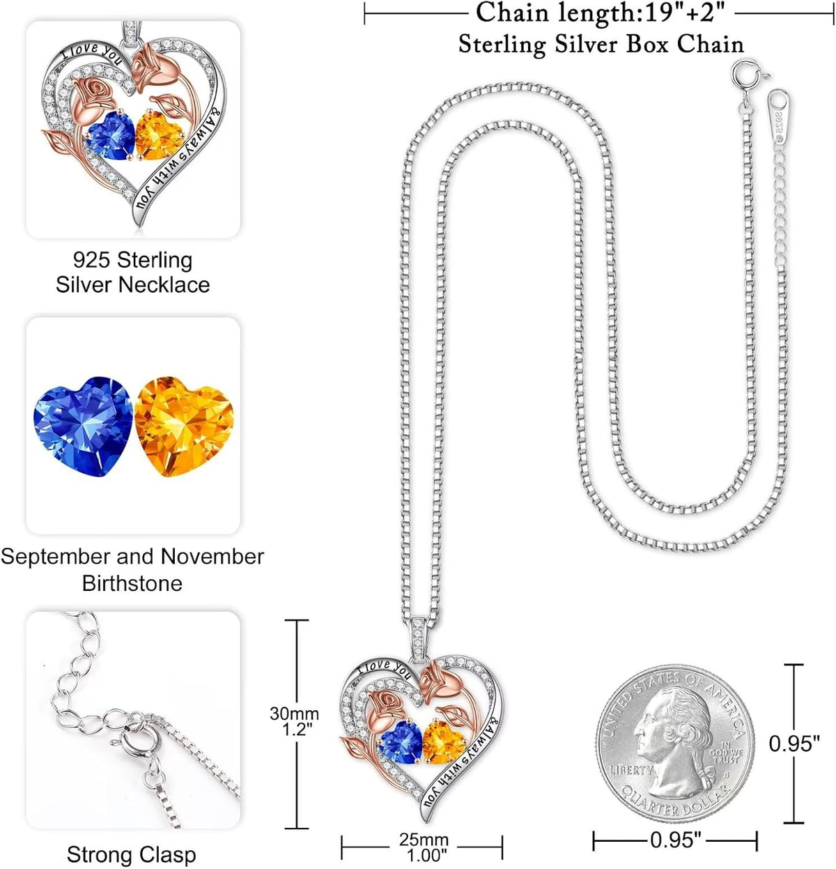 Iefil Birthstone Necklace for Women - Rose Heart Necklace