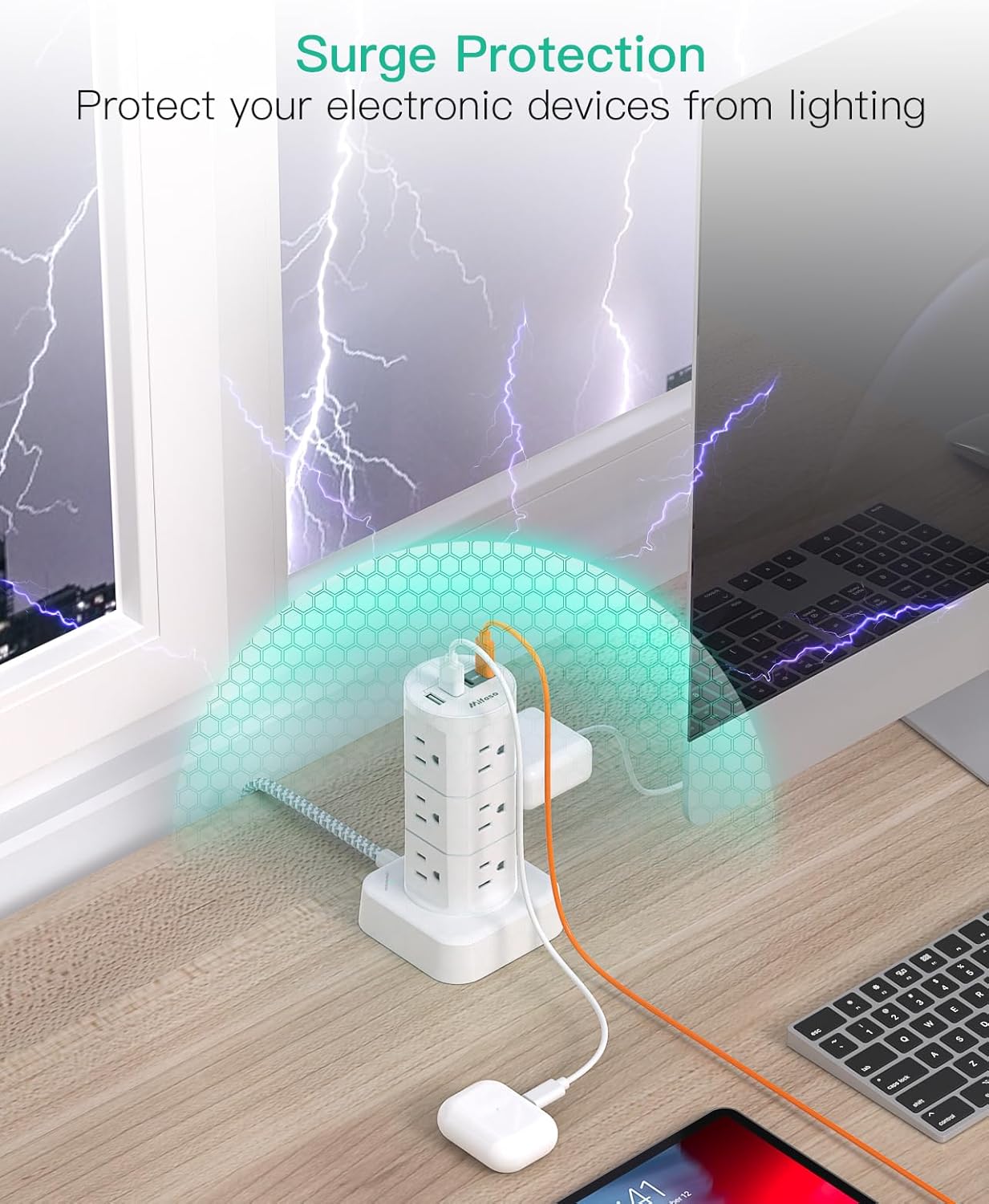 Power Strips with Surge Protection, Flat Plug Power Strip with 12 Outlets 4 USB Ports, Charging Station Tower 1875W/15A 1080J 6Ft Extension Cord with Multiple Outlets, Office Supplies, Dorm Essentials